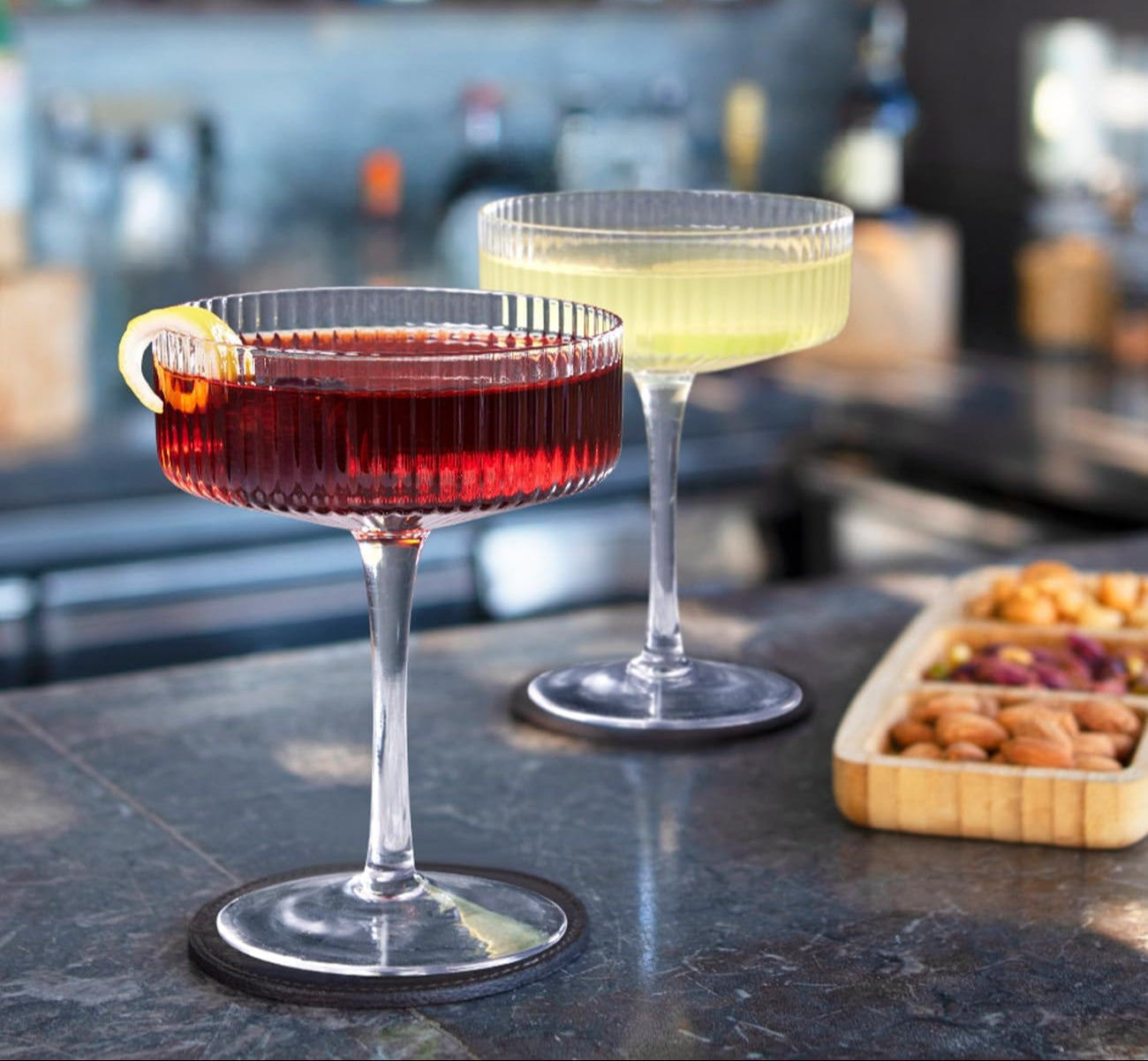 LUNA & MANTHA Coupe Glasses Set of 4, 10oz Ribbed Martini Glasses, Vintage Cocktail Glass, Hand Blown for Espresso Martini, Champagne, Margarita, Home Bar &Gift, Crystal Glassware