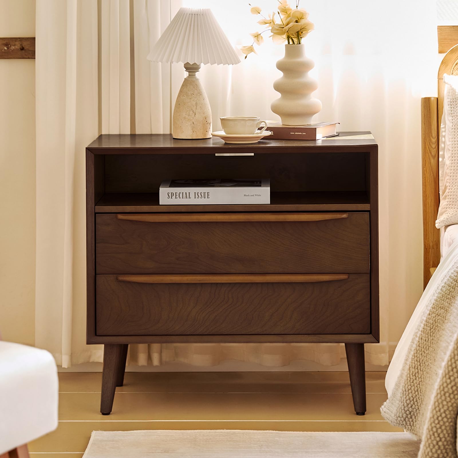 HULALA HOME Nightstand with Charging Station, Mid-Century Modern 2 Drawer and Open Shelf Dresser for Bedroom, Fluted Bedside Table, Acorn