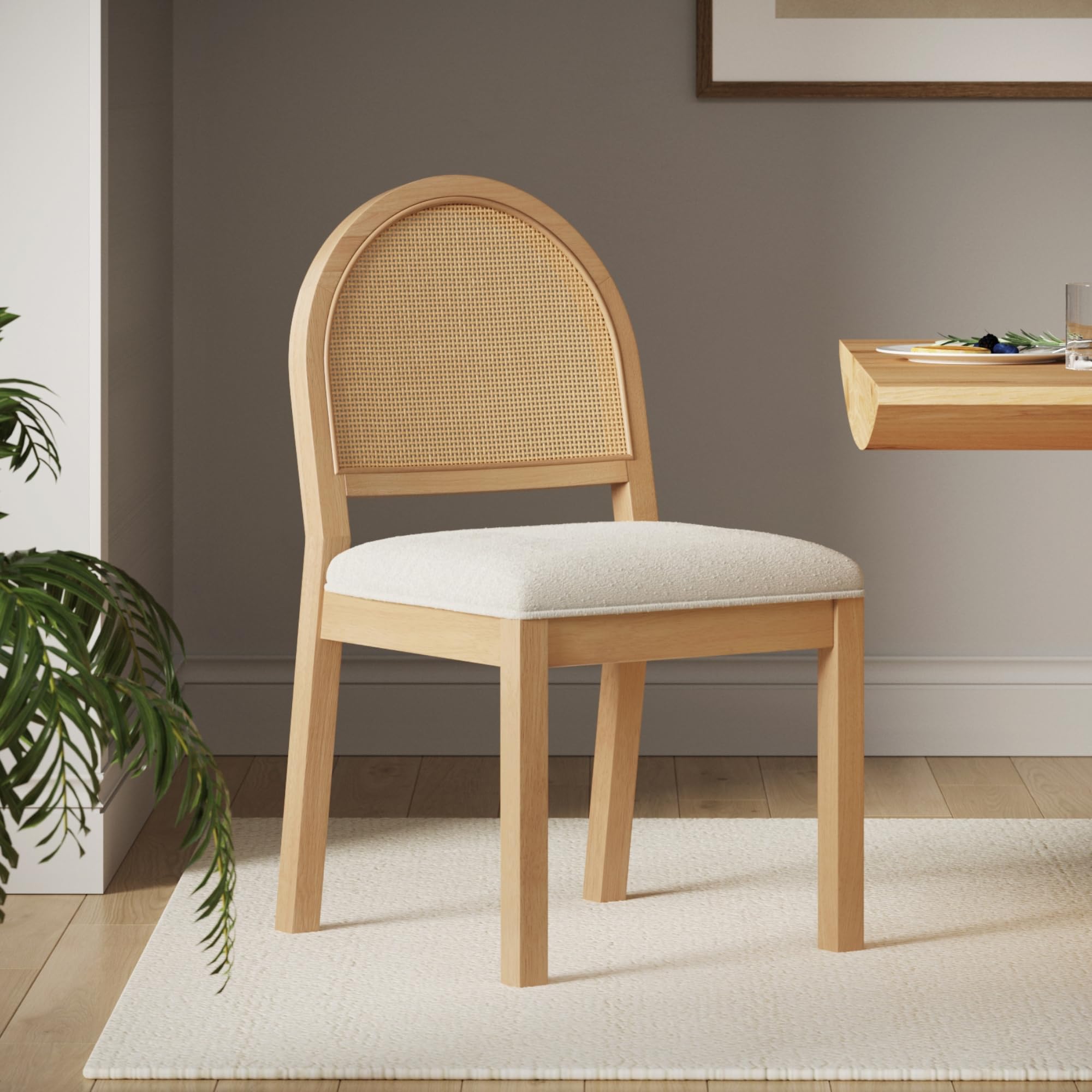 Nathan James Beacon Boho Dining Chair, Boucle Dining Chair with Seagrass Accent and Solid Wood Legs, Cream Boucle/Light Brown