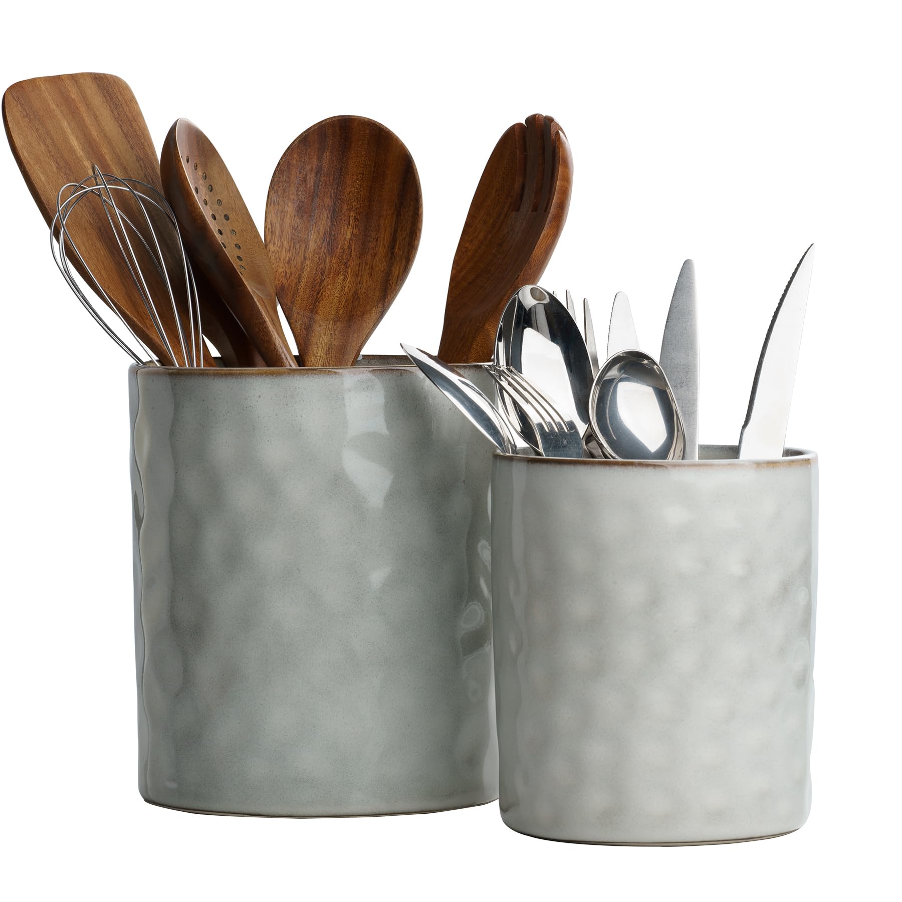 famiware Ocean Utensil Holder, 7.2"+5.8" Ceramic Kitchen Utensil Holder for Countertop, Cooking Utensil Crocks, Utensil Organizer for Spatula & Spoon, Kitchen Decor, Set of 2, Vanilla White