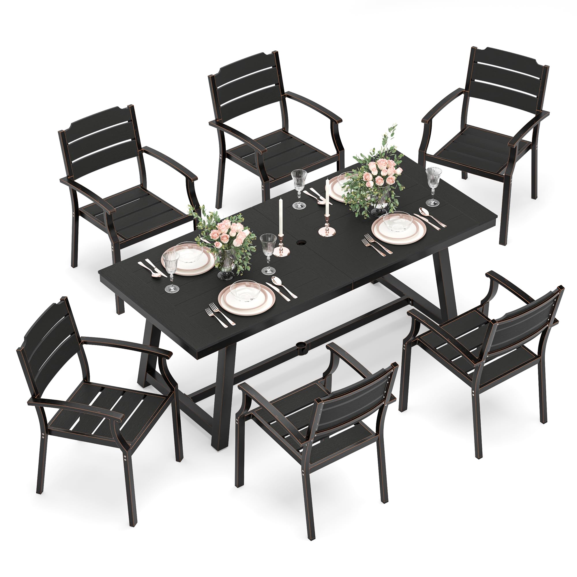 Patio Table and Chairs Set, Patio Furniture Set, 7-Piece, HDPS All-Weather Material Outdoor Dining Set, Outdoor Furniture Set with Umbrella Hole, Brown-Oil Printed