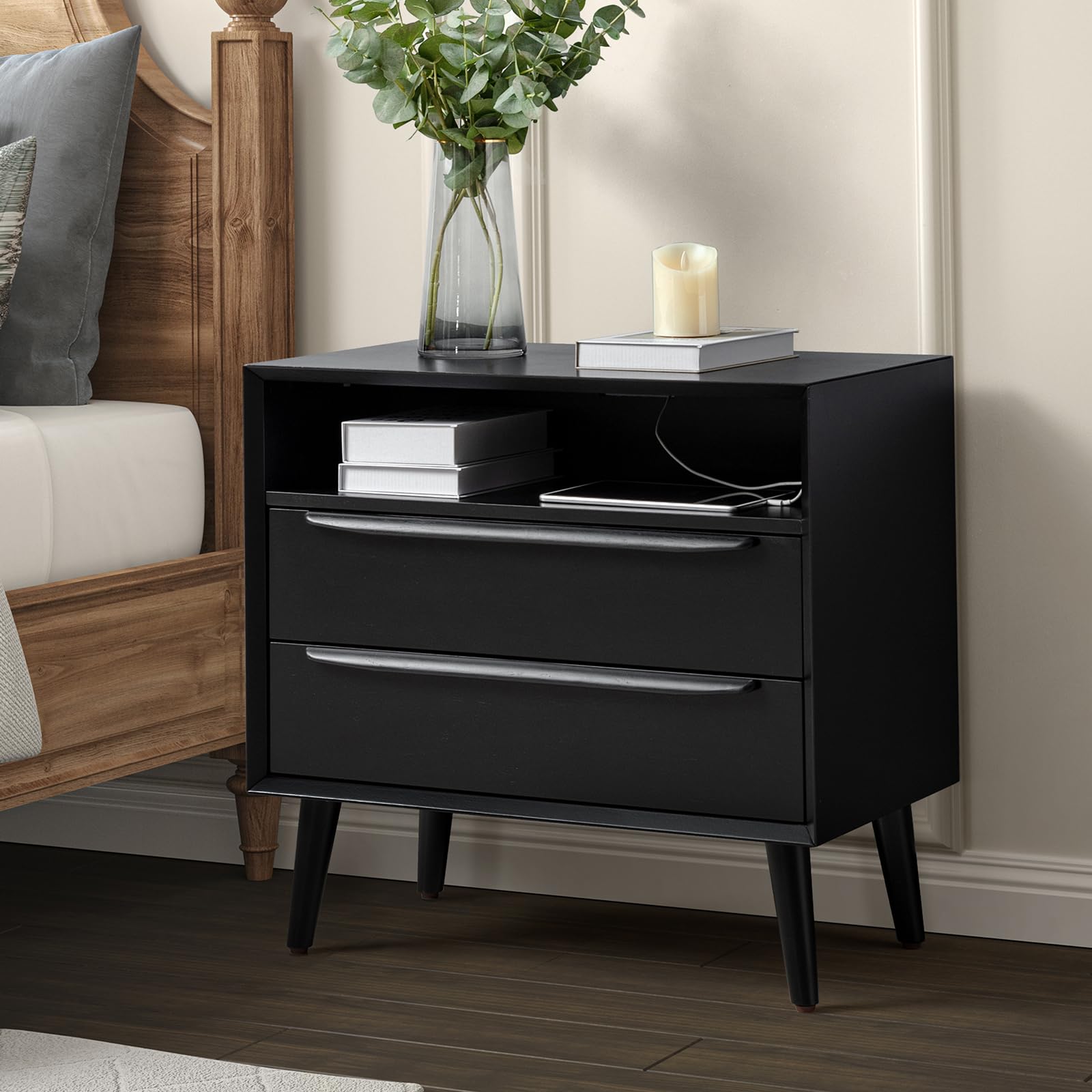 HULALA HOME Nightstand with Charging Station, Mid-Century Modern 2 Drawer and Open Shelf Dresser for Bedroom, Fluted Bedside Table, Acorn