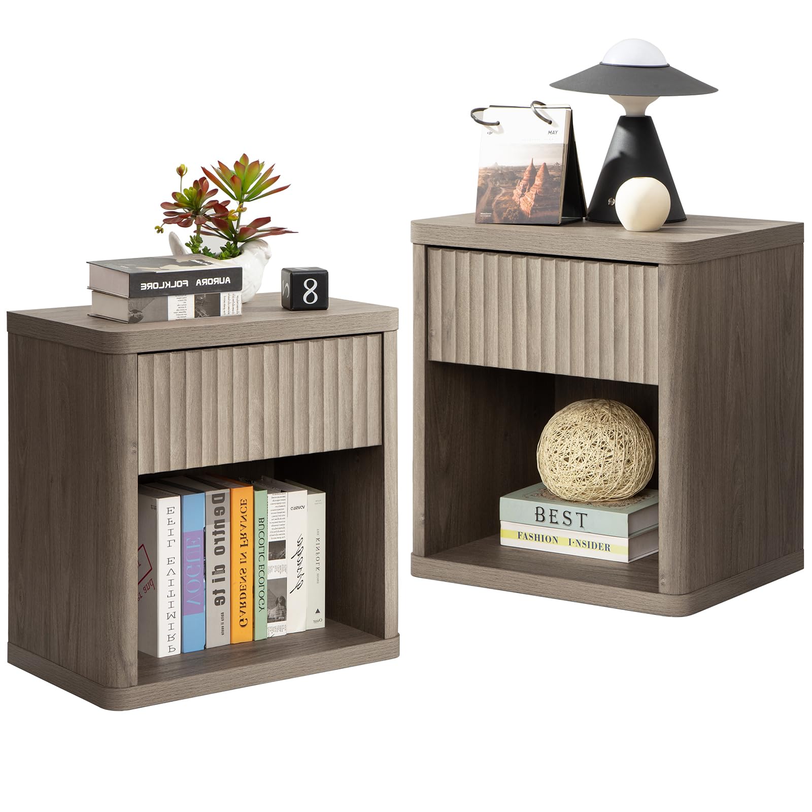 SICOTAS Night Stand Nightstand with Drawer Storage Fluted Bed Side Table End Table Large Modern Wide Bedside Stand Mid Century Night Stands for Bedroom Living Room Sofa Couch Home Office, White Alder