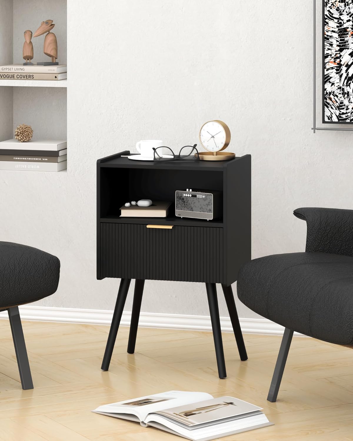 Black Nightstand,Modern Bedside Table with Storage Drawer and Open Wood Shelf, for Living Room, Bedroom and Small Spaces, Accent Night Stand with Solid Wood Legs, Easy Assembly,Classic Black
