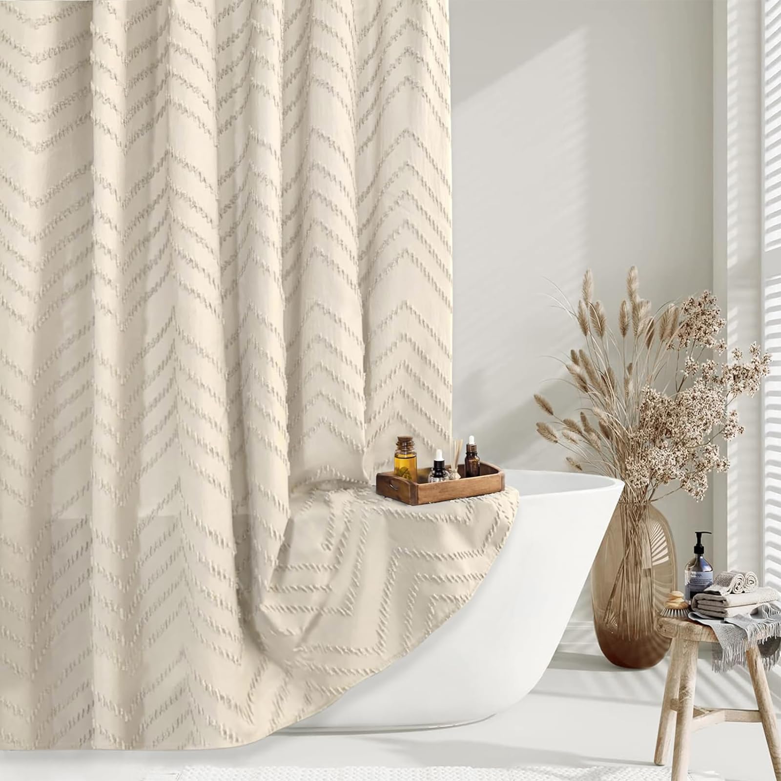 White Boho Fabric Shower Curtain 72 x 72 Inches, Modern Shabby Chic Textured Tufted Chevron Striped Minimalist Cloth Bathroom Shower Curtain