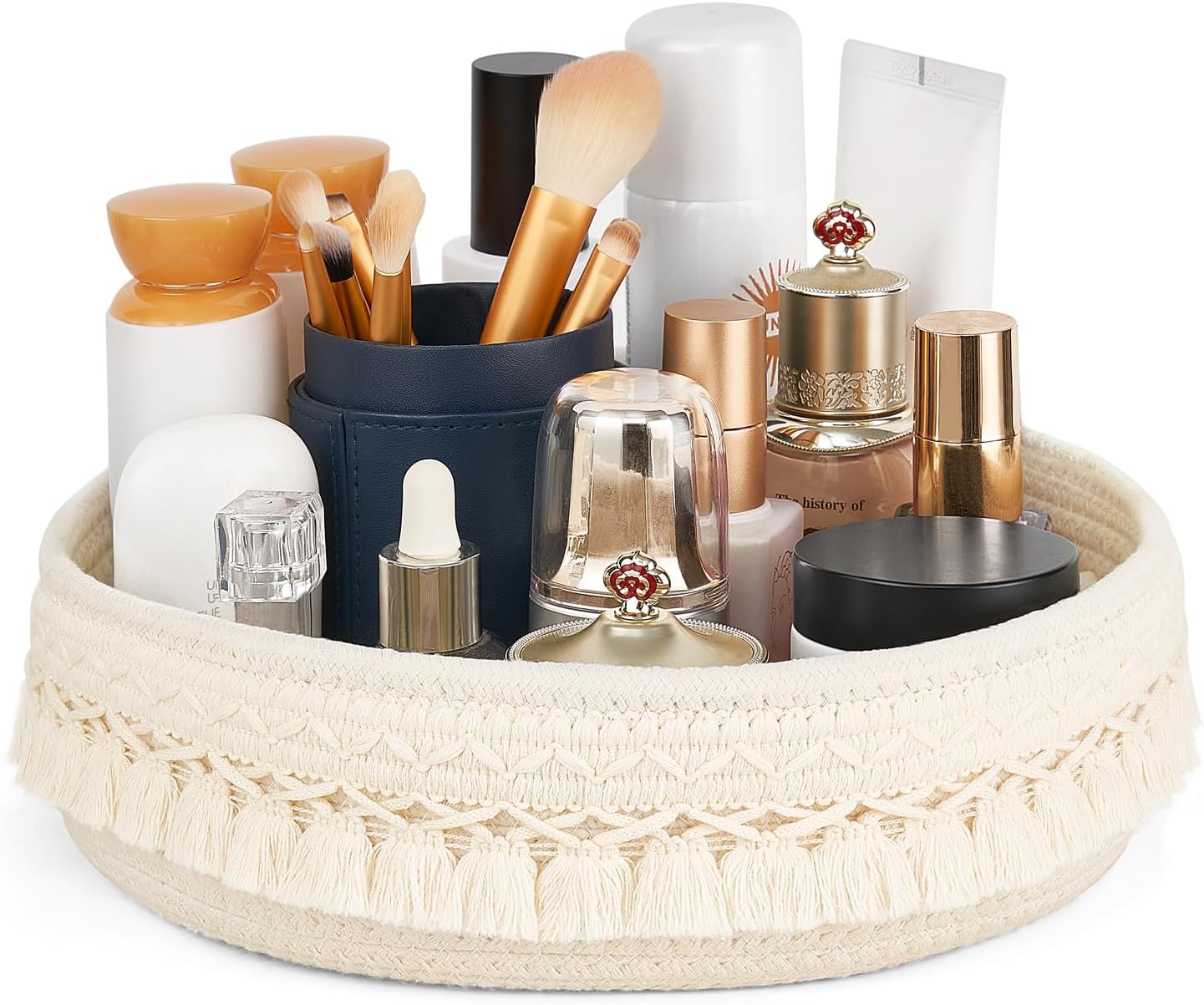 Mkono Makeup Perfume Holder Organizer Macrame Decorative Woven Rope Basket Boho Decor Cosmetics Desk Storage Baskets for Dresser Skin Care Lotions Essential Oils Dorm Room Essentials