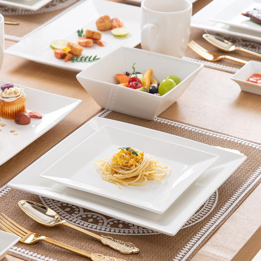 Porlien 16-Piece Classic Square Dinnerware Set for 4-Square Dinner Plates, Dessert Plates, Bowls & Dipping Saucers, Off White Dishes for 4
