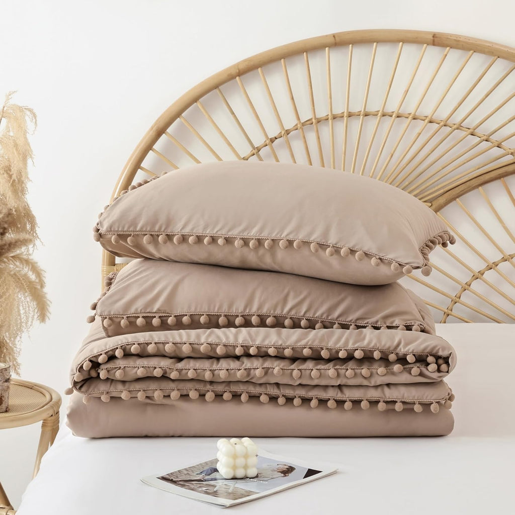 YIRDDEO Queen Comforter Set - Comforter Queen Size Sets with Ball Pom Fringe, Soft Bedding Set for All Seasons - 3 Pieces, 1 Comforter (90"x90") & 2 Pillow Shams (20"x26"), Taupe