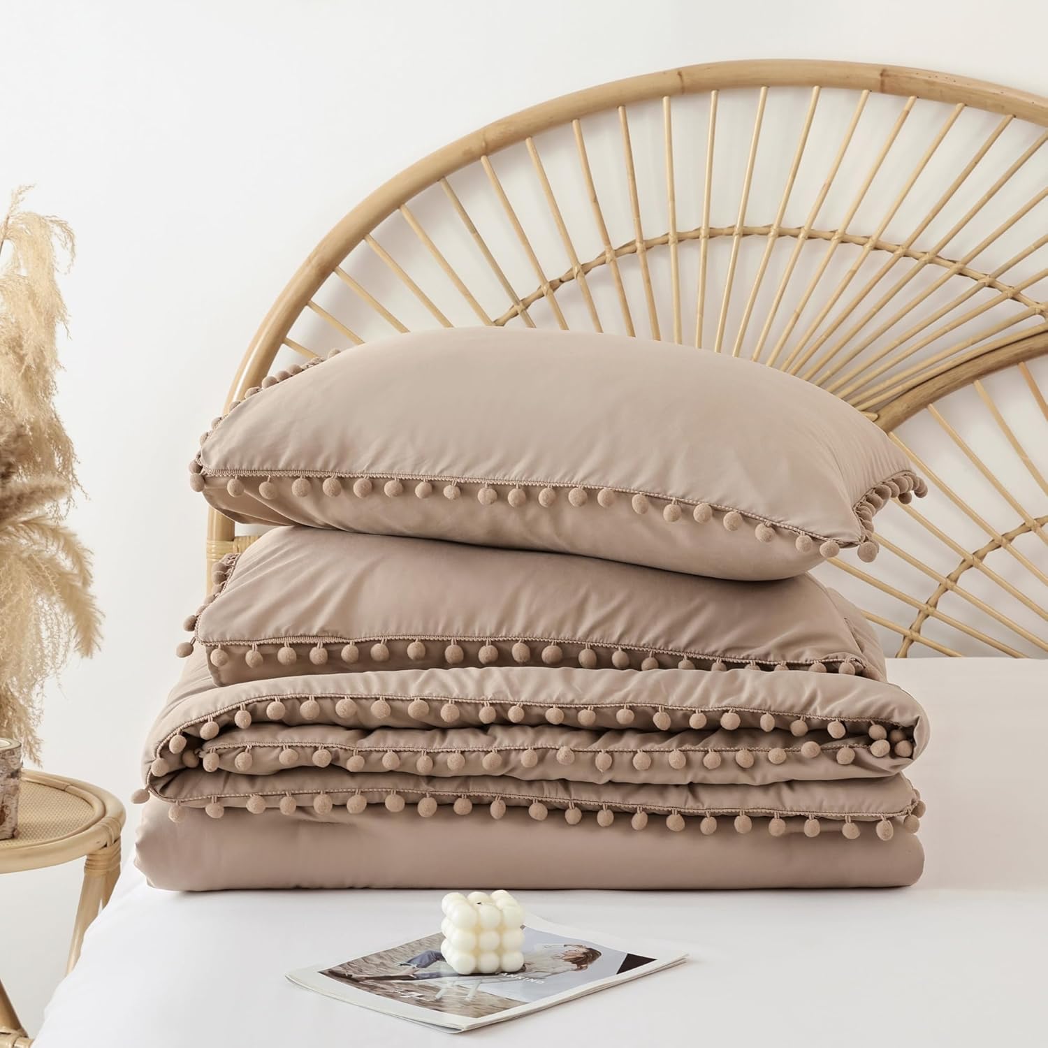 YIRDDEO Queen Comforter Set - Comforter Queen Size Sets with Ball Pom Fringe, Soft Bedding Set for All Seasons - 3 Pieces, 1 Comforter (90"x90") & 2 Pillow Shams (20"x26"), Taupe