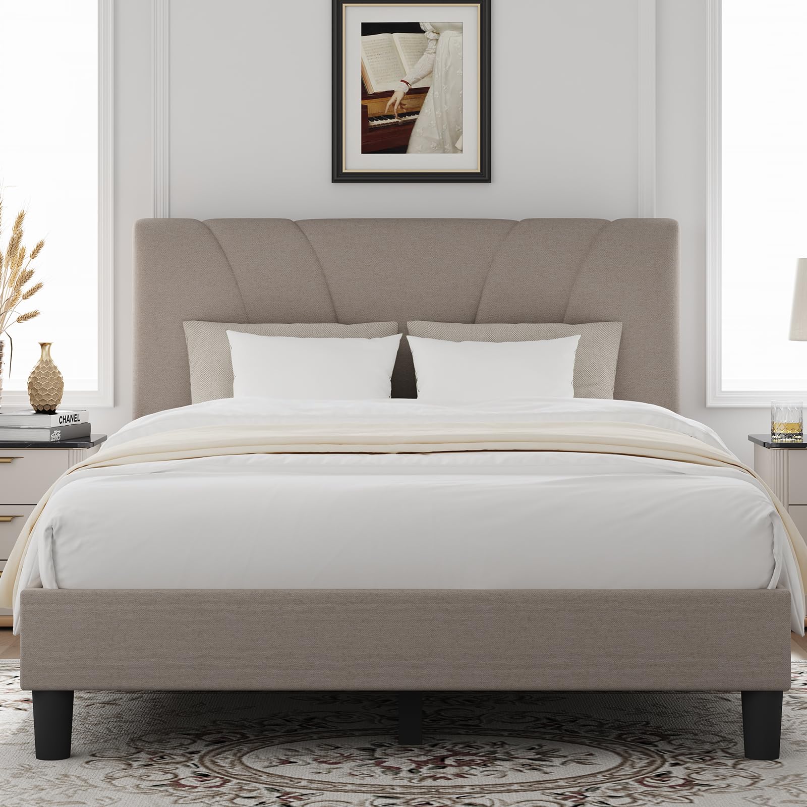 Novilla King Bed Frame and Headboard, Linen Upholstered King Size Bed Frame with Wood Slats Support, No Box Spring Needed, Heavy Duty Feet, Easy Assembly, Grey