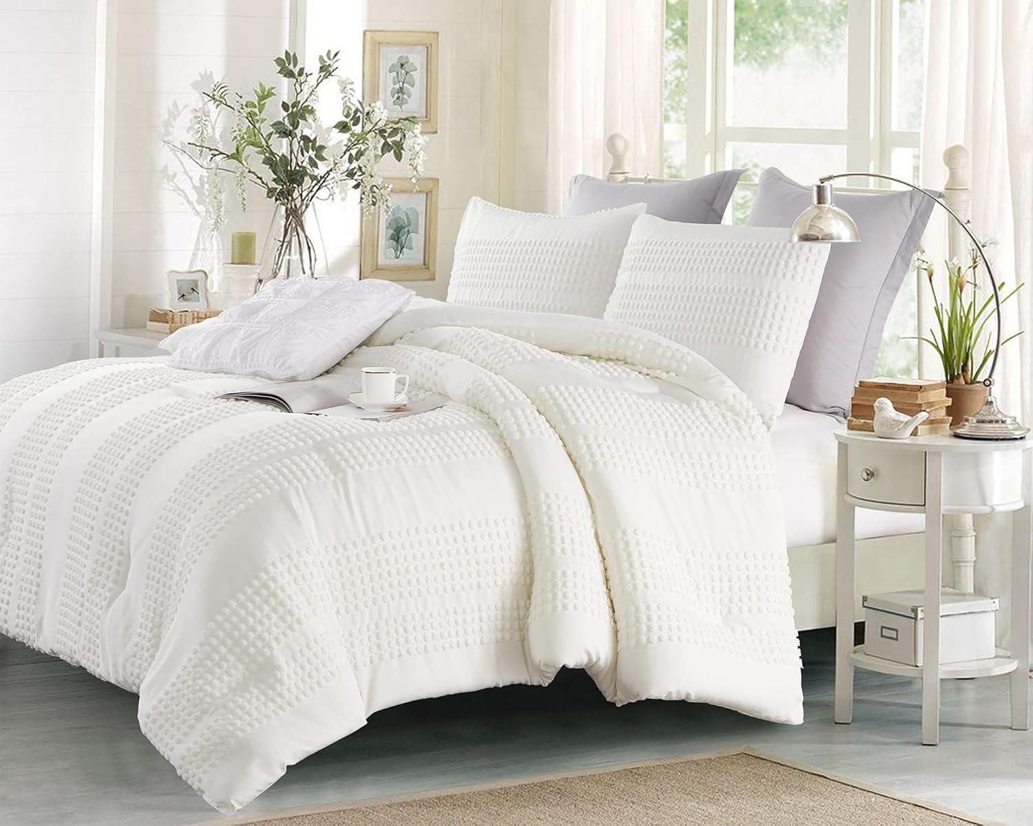 Cupocupa Queen Comforter Set White Comforters Queen Size Sets Boho Tufted Shabby Chic Vintage Farmhouse Bedding Set Soft Fluffy Lightweight Comforter with 2 Pillow Cases for All Season