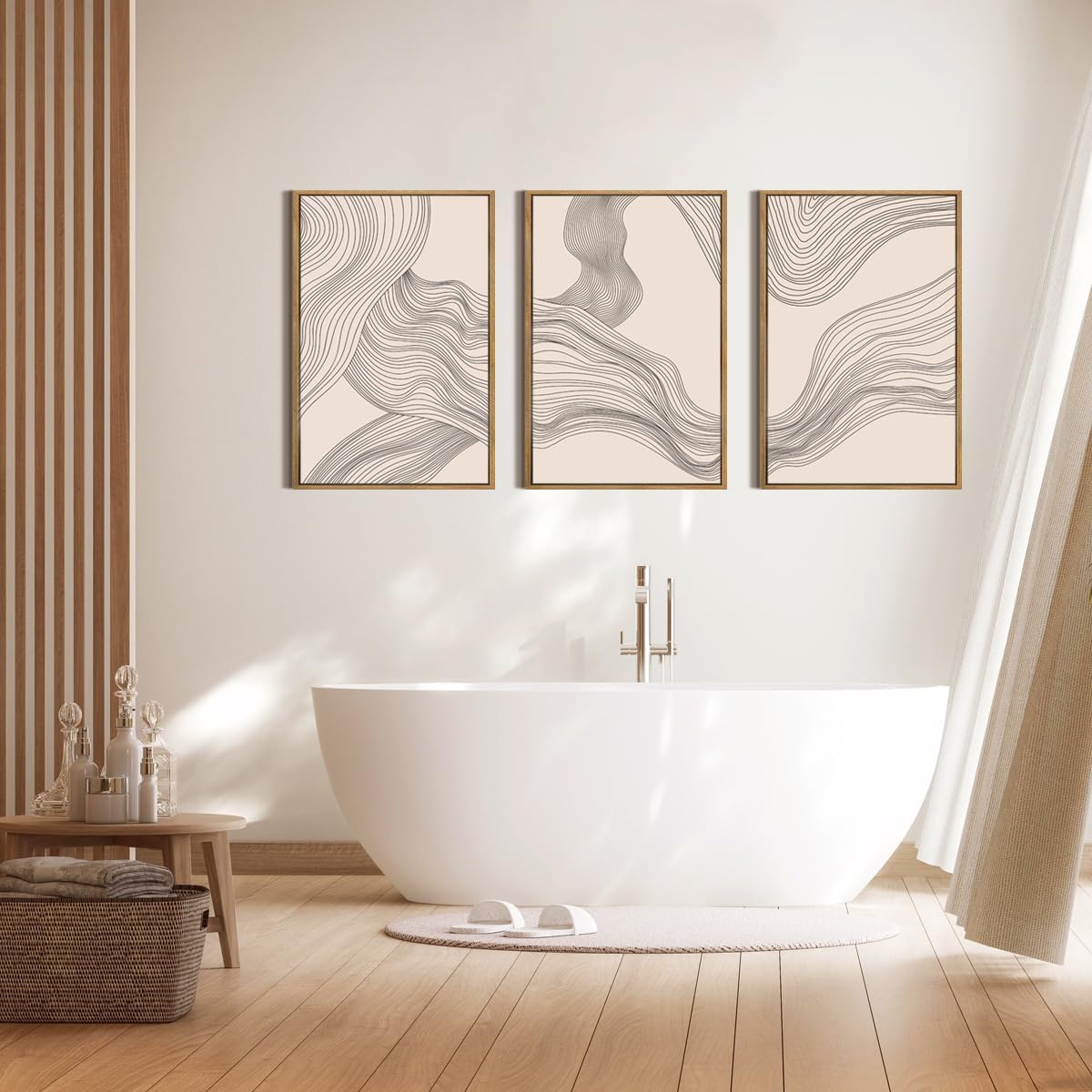 Neutral Abstract Wall Art Framed Modern Beige Wave Wall Decor for Bathroom Living Room Bedroom 16x24 Inch Set of 3