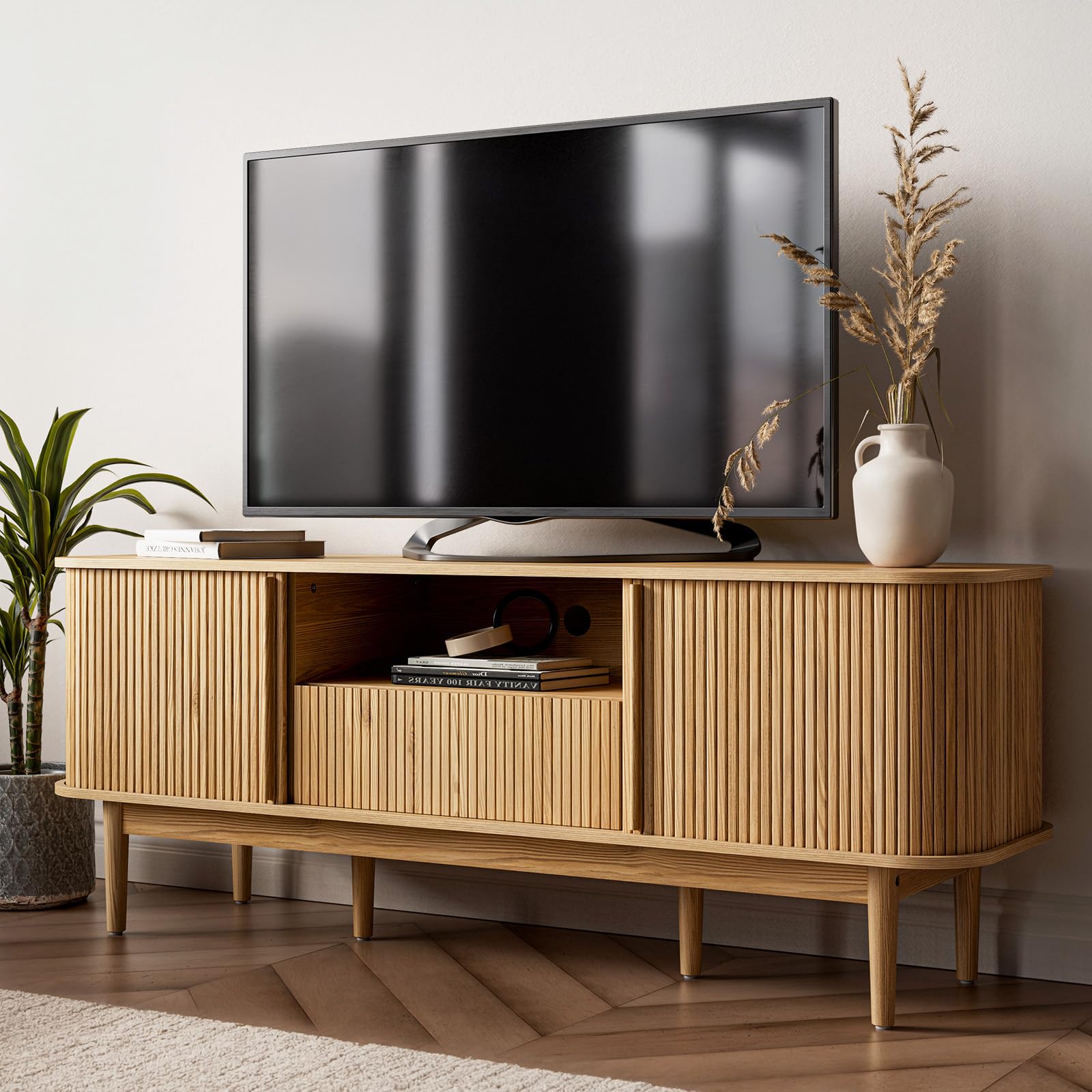 63" Black TV Stand, Fluted Entertainment Center for TVs up to 70'', Modern TV Stand with Storage, Entertainment Center with Sliding Doors, Wood Media Console for Bedroom, Living Room
