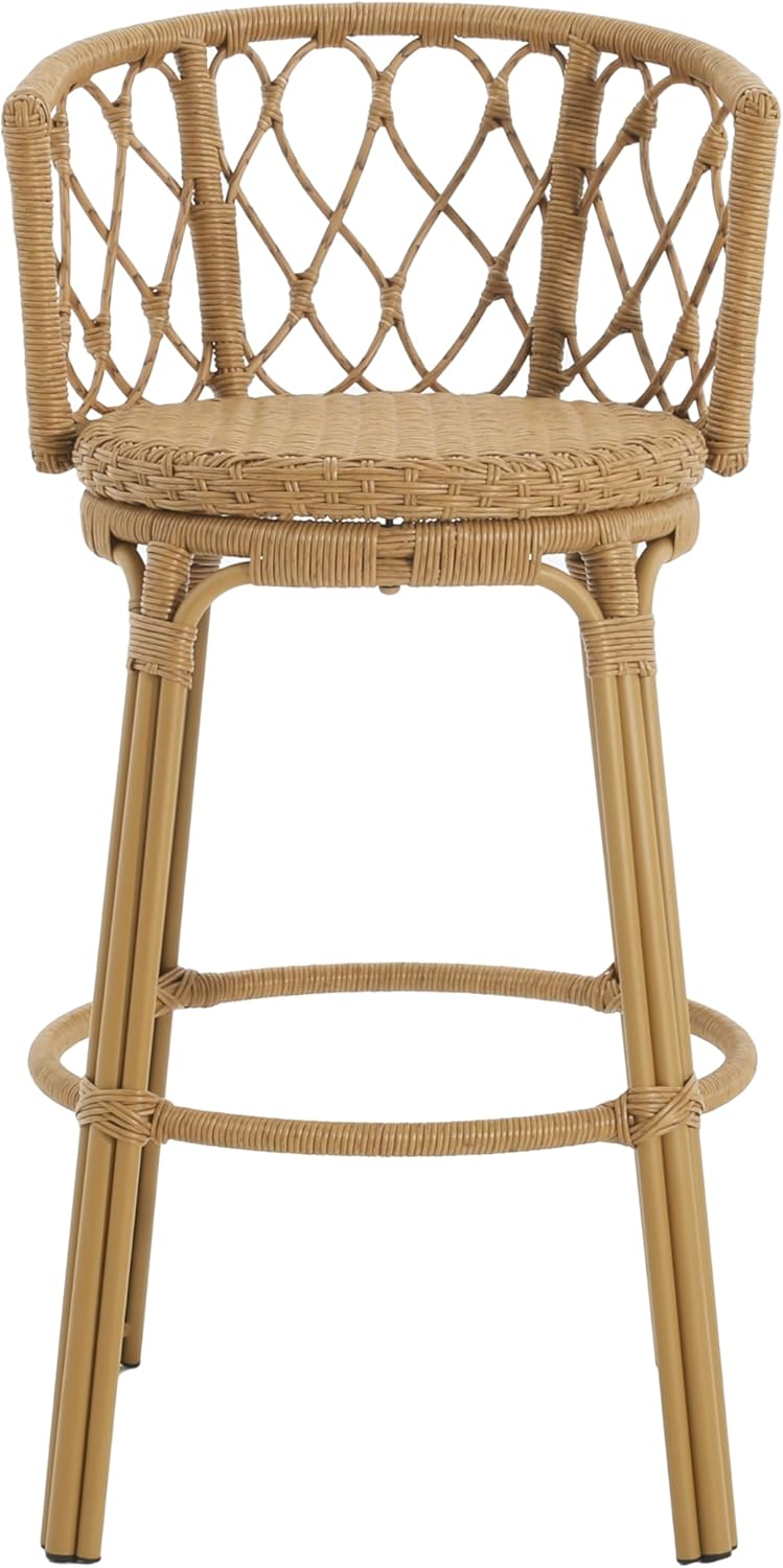 Christopher Knight Home Harrison 28.75"H Outdoor Barstools Set of 4, Rattan Bar Chair, Barrel Backrest Counter Stool, Country Style Bistro Stool, Patio Barstools for Gardern Orchard Yard, Light Brown
