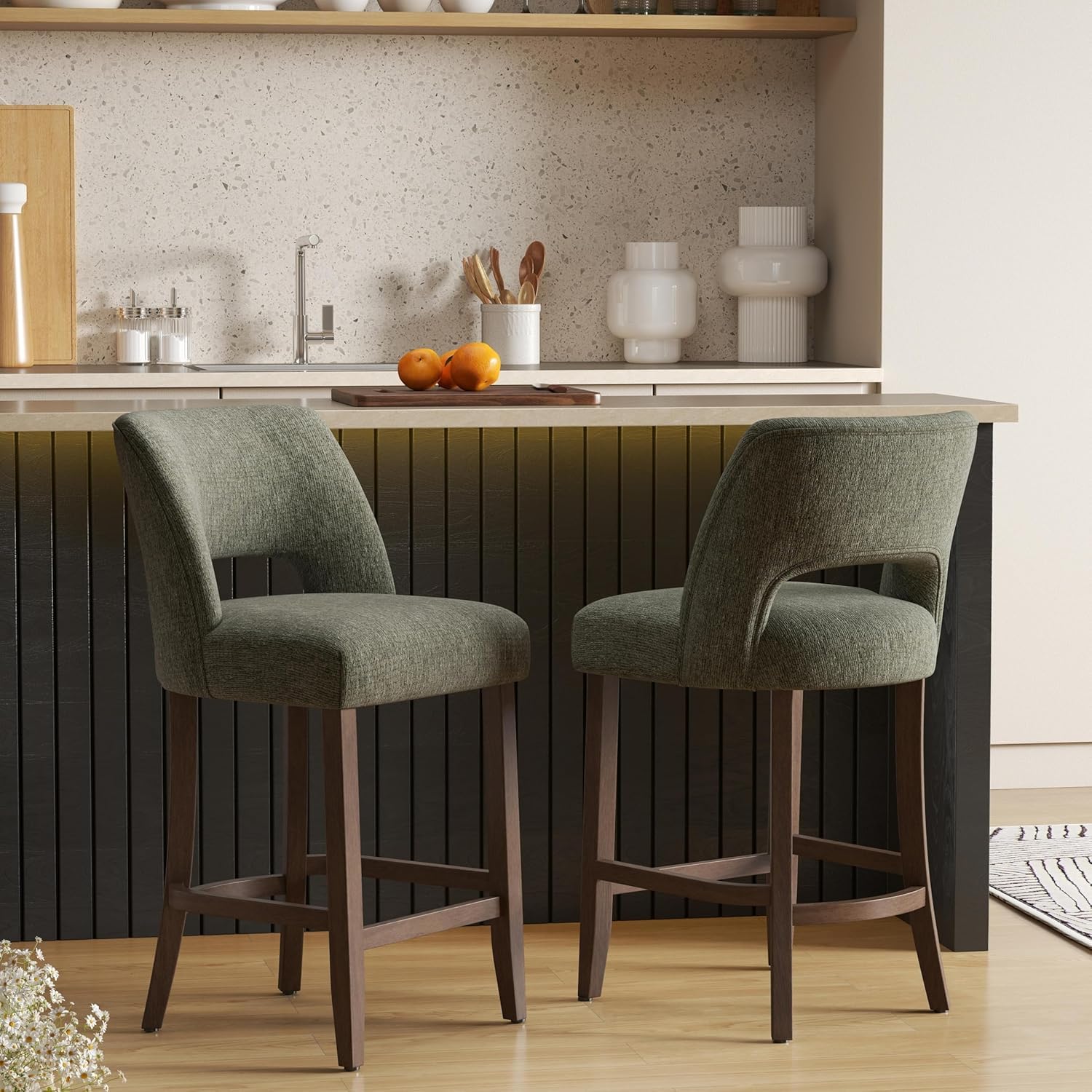 VKNOW Bar Stools Set of 4,Upholstered Counter Height Bar Stools,Modern Counter Stools with Wood Legs for Kitchen Island Dining Room Bar,Beige