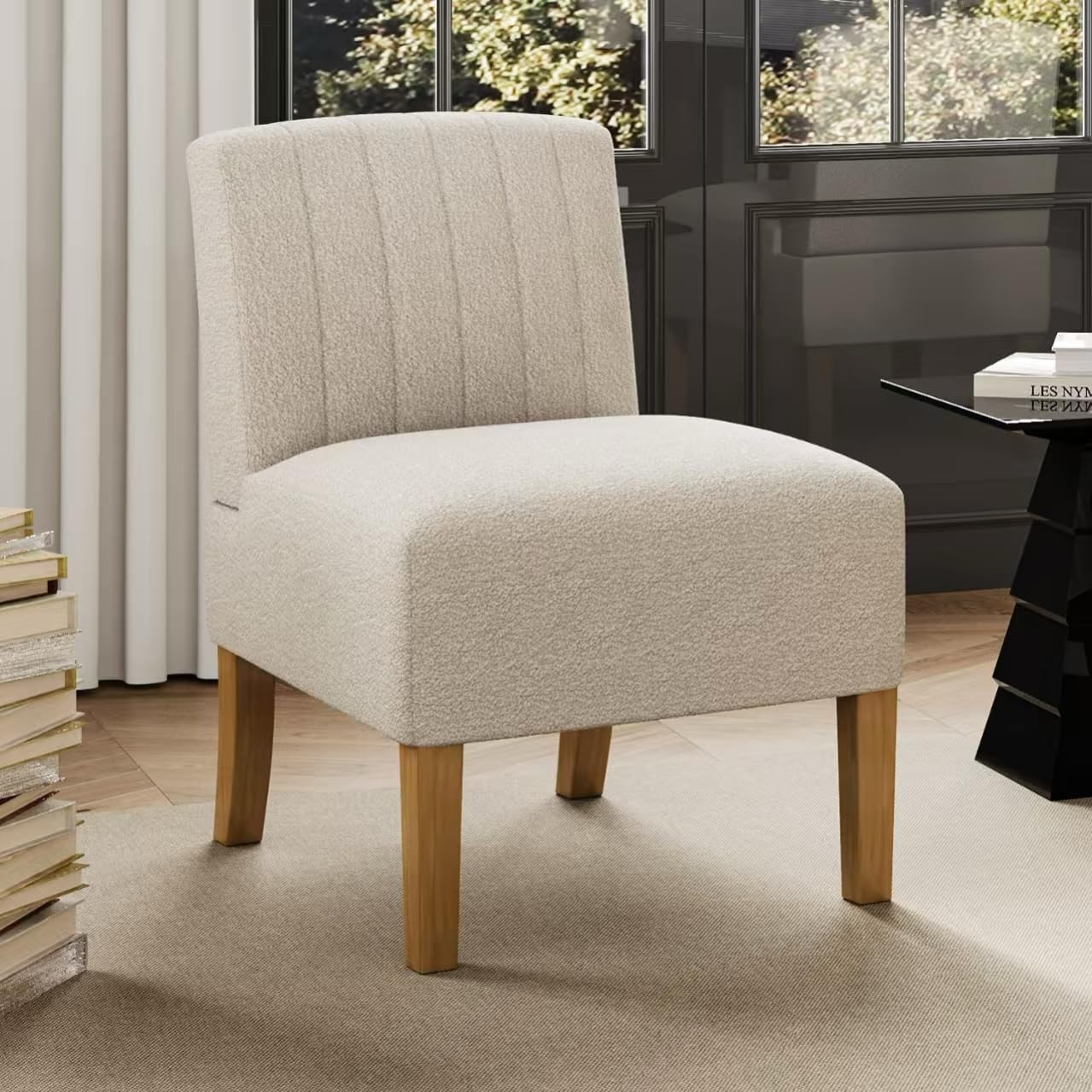 Armless Accent Chairs Set of 2 - Modern Slipper Chairs for Living Room, Solid Wood Legs, Comfy Upholstered Fabric in Black