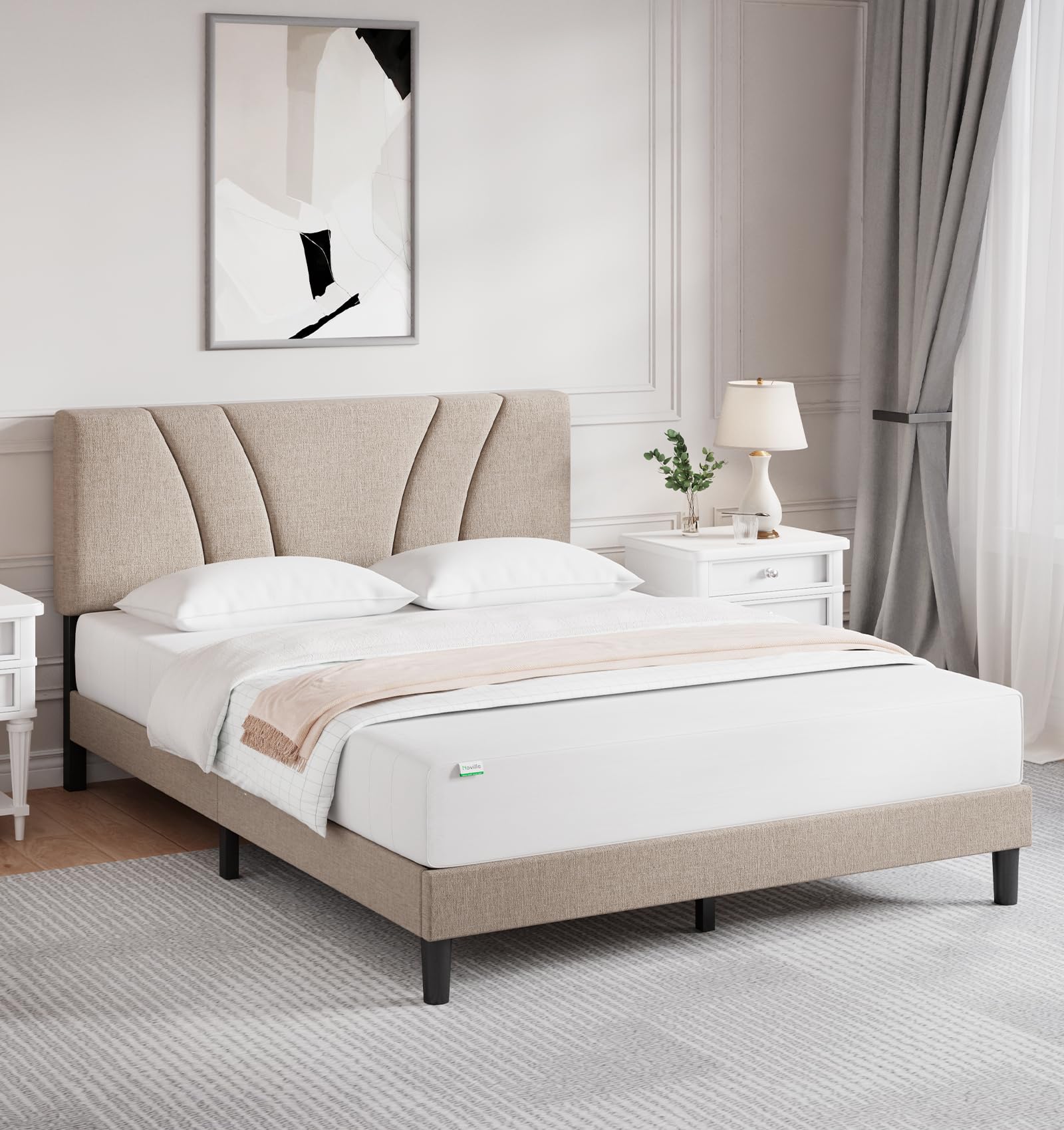 Novilla King Bed Frame and Headboard, Linen Upholstered King Size Bed Frame with Wood Slats Support, No Box Spring Needed, Heavy Duty Feet, Easy Assembly, Grey