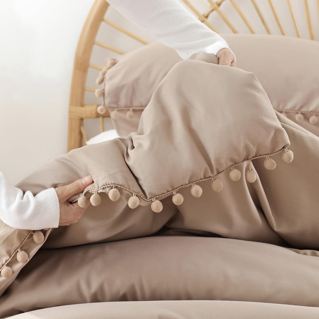 YIRDDEO Queen Comforter Set - Comforter Queen Size Sets with Ball Pom Fringe, Soft Bedding Set for All Seasons - 3 Pieces, 1 Comforter (90"x90") & 2 Pillow Shams (20"x26"), Taupe