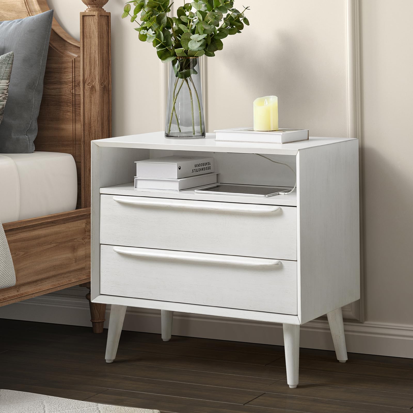 HULALA HOME Nightstand with Charging Station, Mid-Century Modern 2 Drawer and Open Shelf Dresser for Bedroom, Fluted Bedside Table, Acorn