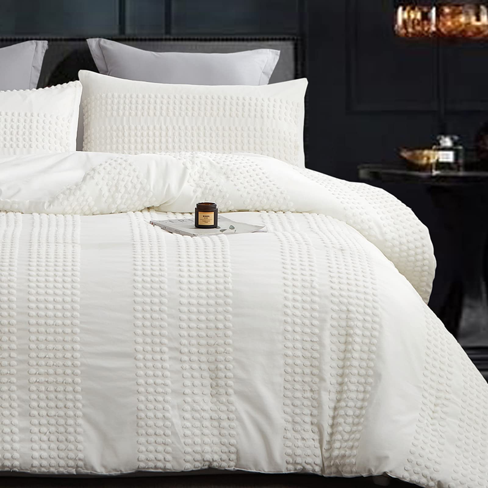 Cupocupa Queen Comforter Set White Comforters Queen Size Sets Boho Tufted Shabby Chic Vintage Farmhouse Bedding Set Soft Fluffy Lightweight Comforter with 2 Pillow Cases for All Season