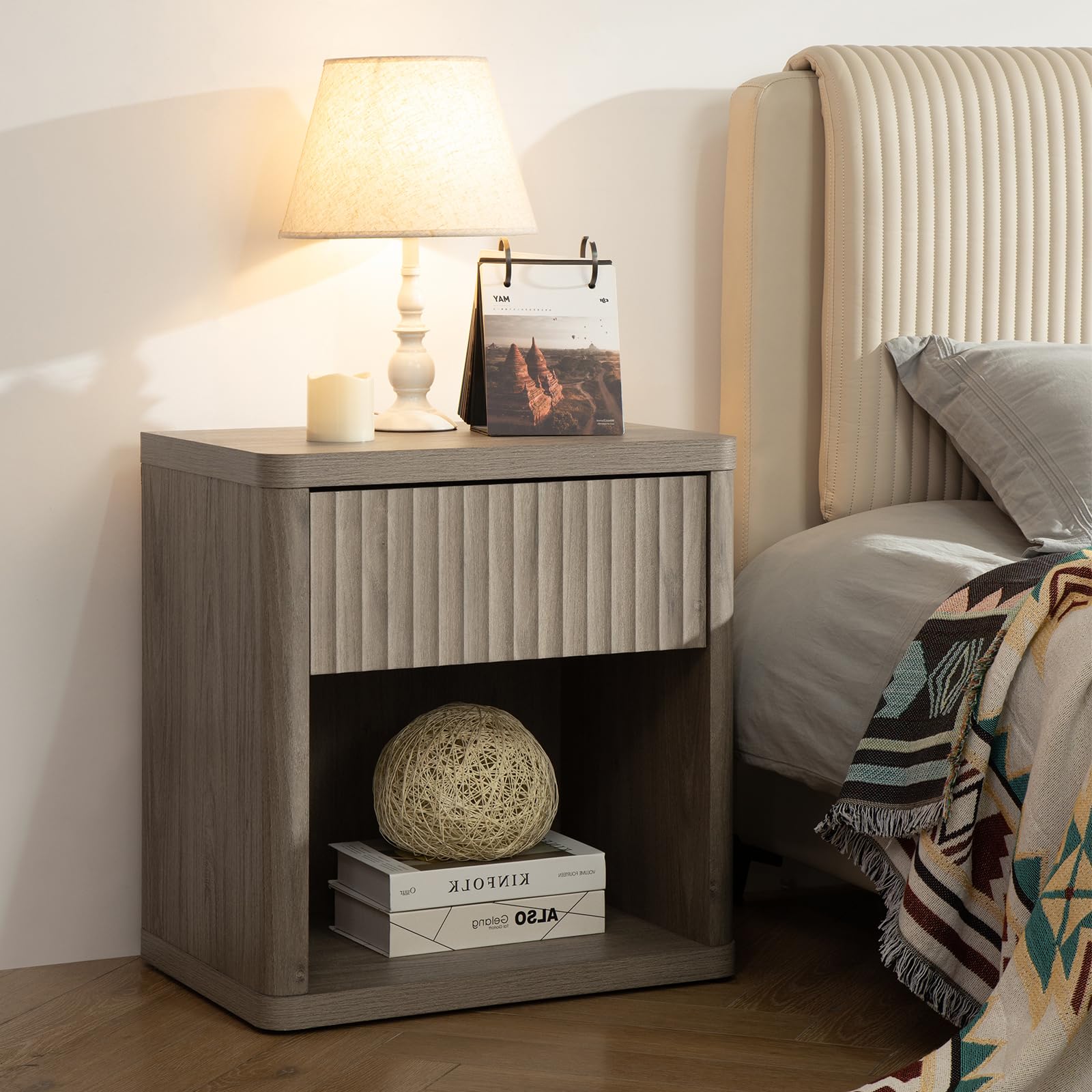 SICOTAS Night Stand Nightstand with Drawer Storage Fluted Bed Side Table End Table Large Modern Wide Bedside Stand Mid Century Night Stands for Bedroom Living Room Sofa Couch Home Office, White Alder