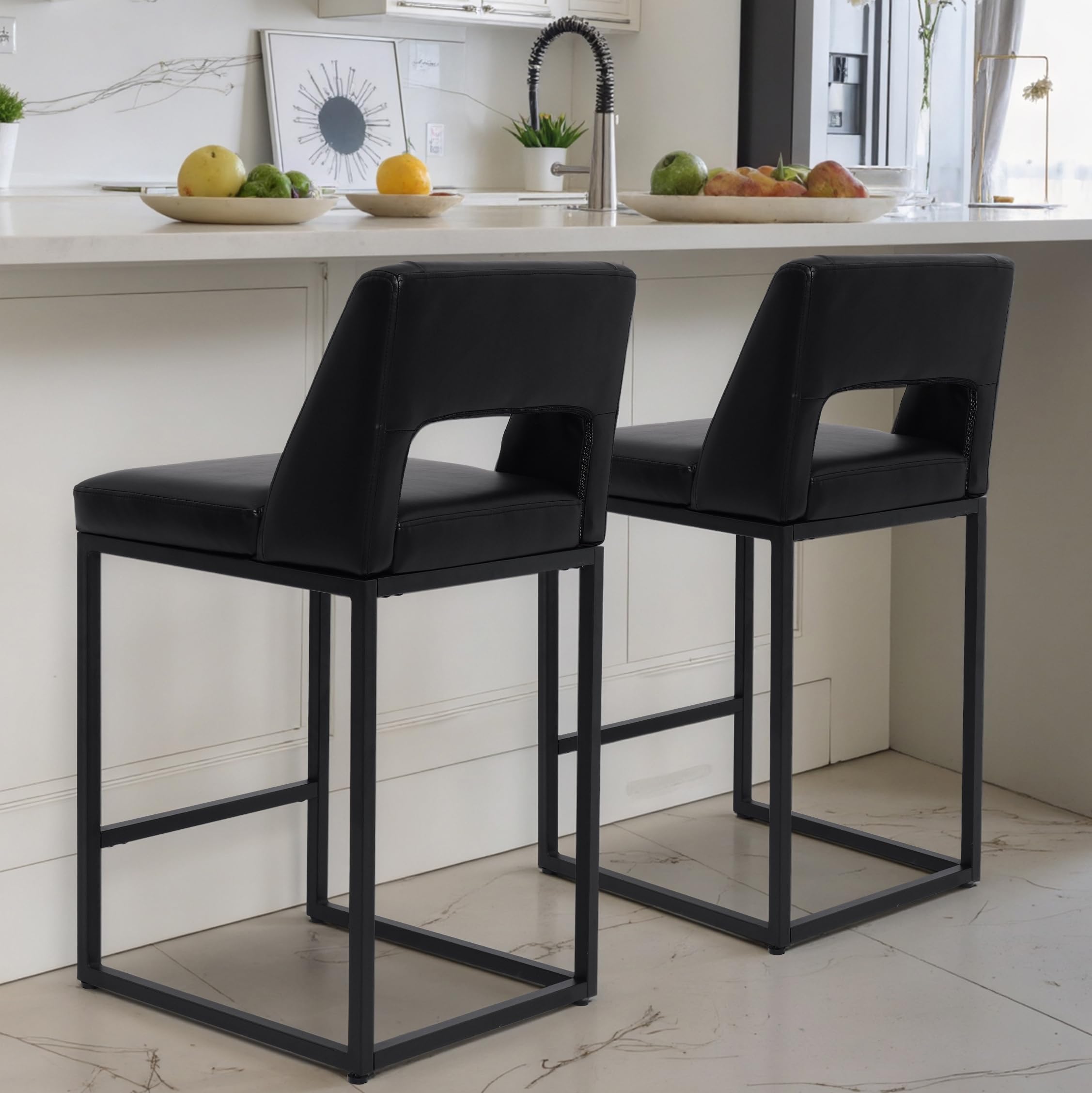 Counter Height Bar Stools Set of 4 for Kitchen Counter Modern Bar Chairs with Backs 26 Inch for Kitchen Island with Upholstered Faux Leather Seat and Metal Frame, Beige