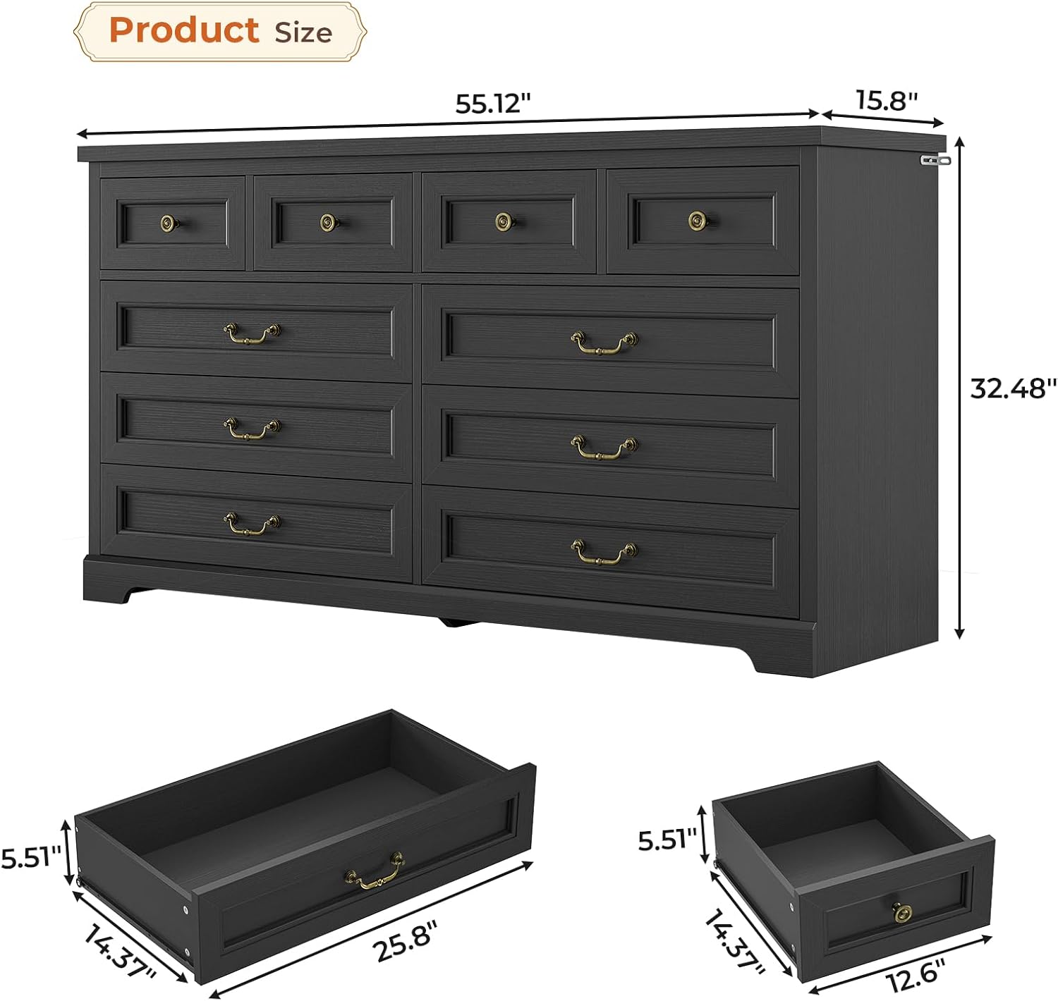 Hasuit Farmhouse 10 Drawer Dresser for Bedroom, 55.1" Wide Dressers Chest of Drawers, Rustic Wood Storage Cabinet with Deep Drawers and Vintage Handle, Large Black Dresser for Bedroom, Closet, Hallway