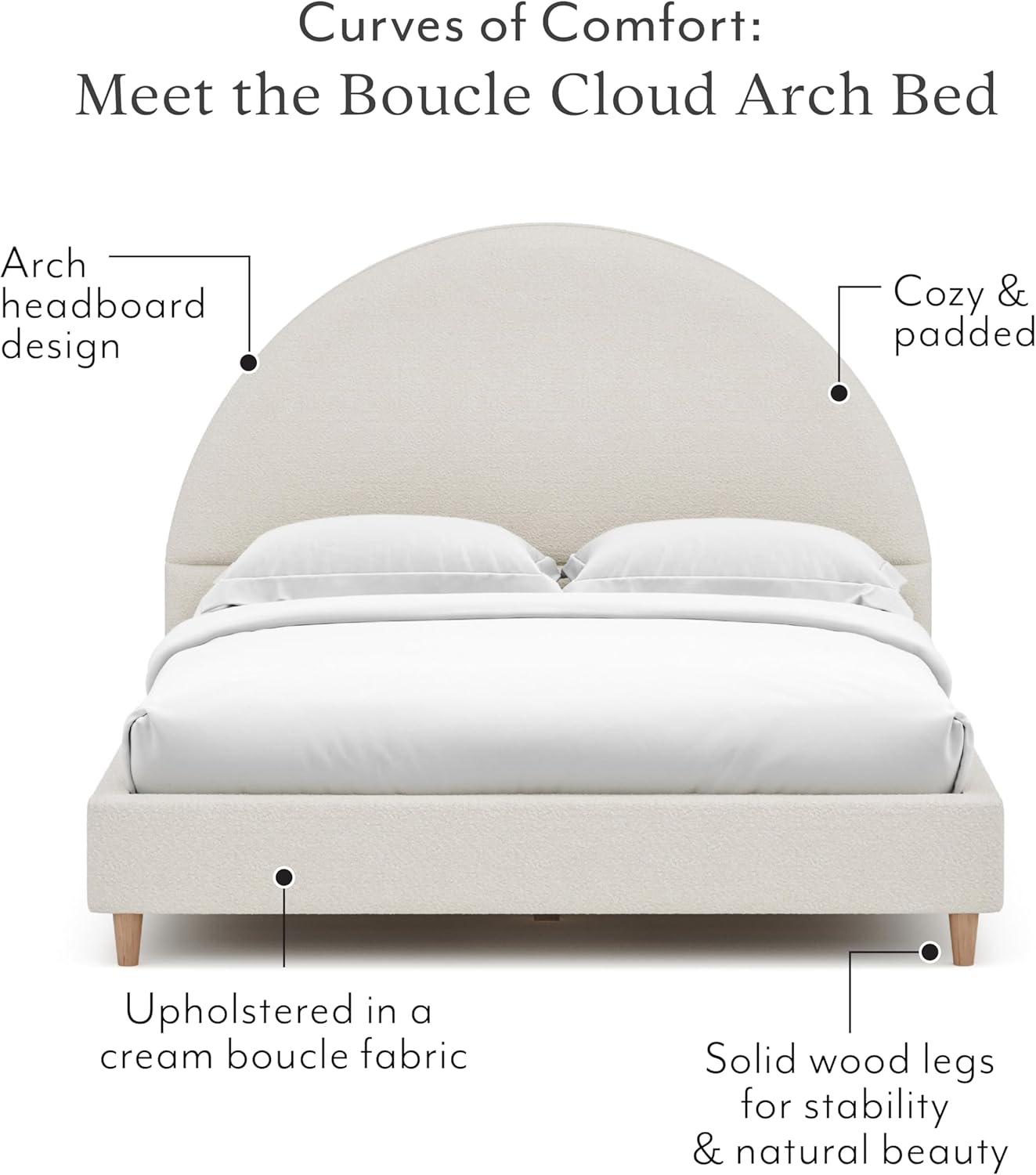 DG Casa Boucle Cloud Bed Frame with Arch Shaped Headboard, Upholstered in Soft Fabric, Platform Bed Frame with Solid Wood Legs - Boho or Modern Style - No Box Spring Needed - Full Size