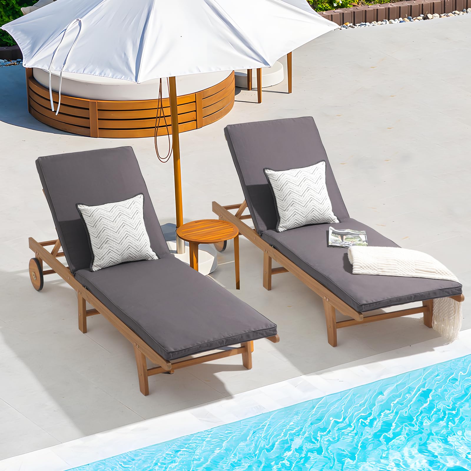 Patiorama Patio Acacia Wood Chaise Lounge Set of 2, Outdoor Folding Lounge Chair Recliner w/Adjustable Backrest, Wheels, Padded Cushion, Portable Sun Lounger Pool Chair for Deck, FSC Certified, Cream