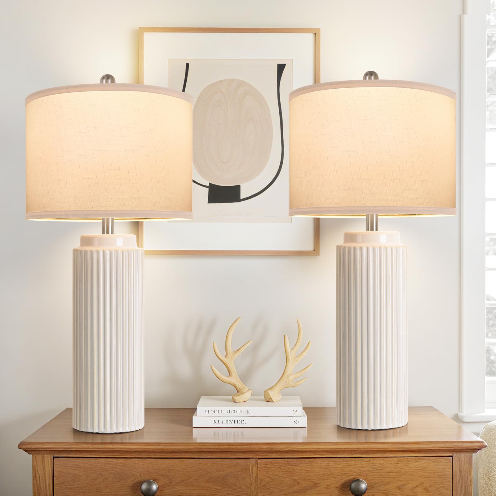 TOBUSA 23.5’’ Modern Ceramic Table Lamps Set of 2 for Living Room, Farmhouse Vintage Bedside Table Lamps with White Linen Shade, Rustic Bedroom Ceramic Lamps for Nightstand Home Office End Table Dorm