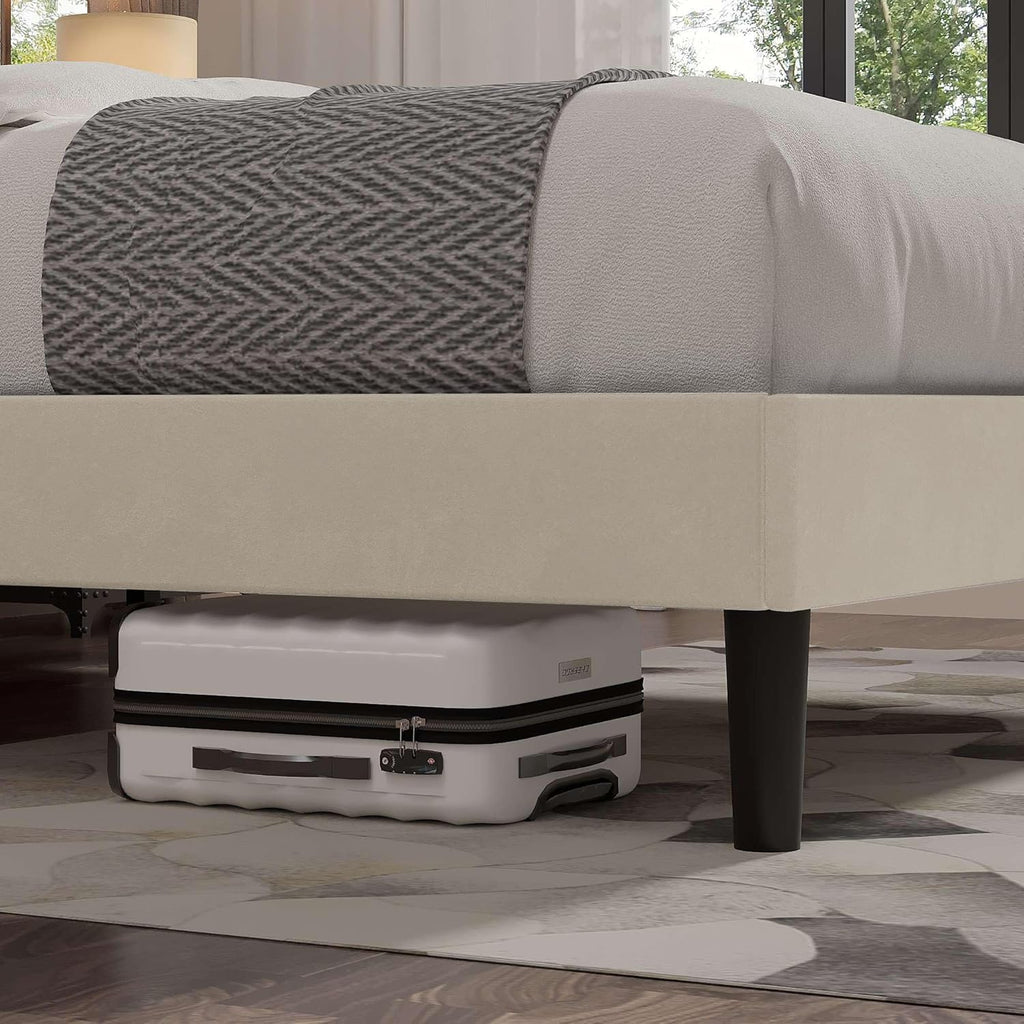VECELO Queen Size Bed Frame with Upholstered Headboard, Velvet Platform Bedframe Mattress Foundation, Strong Wood Slat Support, No Box Spring Needed,Velvet Beige
