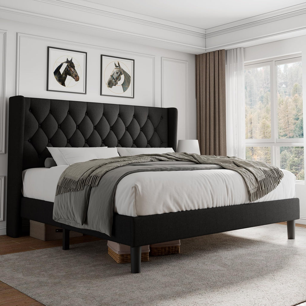 iPormis Full Size Velvet Platform Bed Frame with Button Tufted Headboard, Upholstered Bed Frame with Solid Wooden Slats, 8" Underbed Space, No Box Spring Needed, Noise Free, Easy Assembly, White