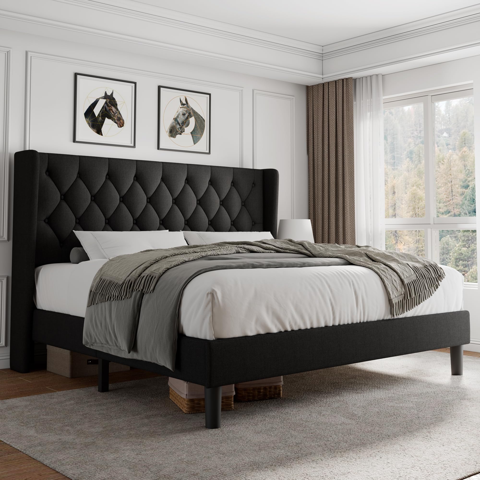 iPormis Full Size Velvet Platform Bed Frame with Button Tufted Headboard, Upholstered Bed Frame with Solid Wooden Slats, 8" Underbed Space, No Box Spring Needed, Noise Free, Easy Assembly, White