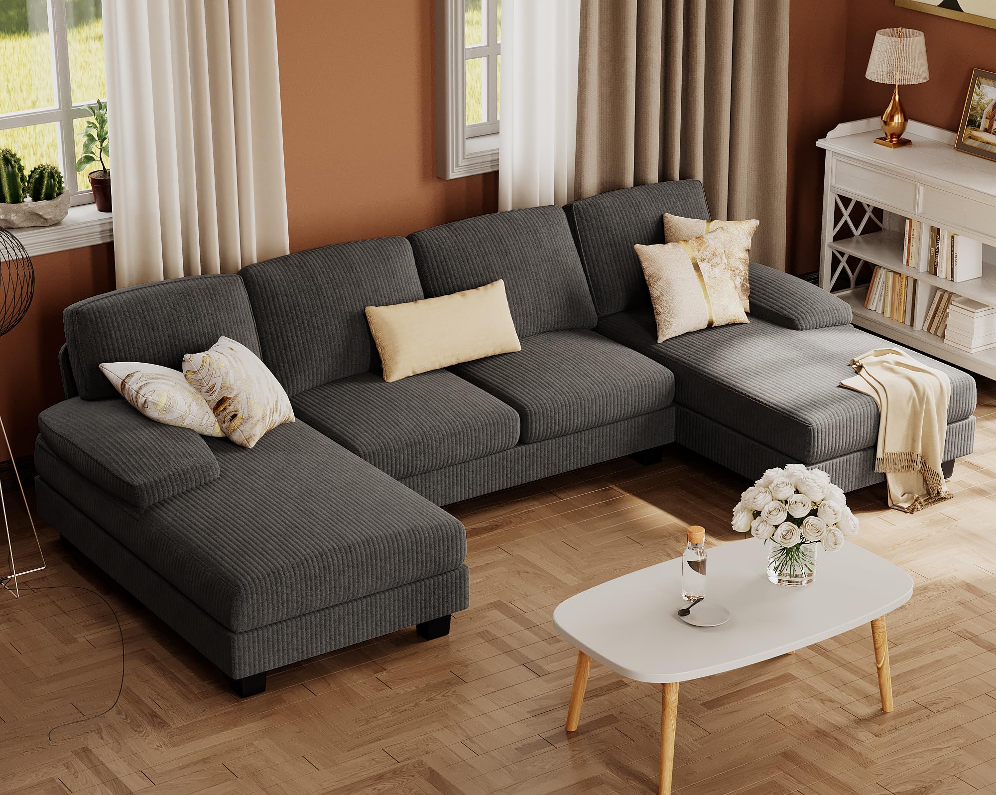 Furmax Sectional Couches for Living Room, U-Shaped Sofa Couch with Linen Fabric, 4 Seat Sofa Set with Double Chaise for Apartment (Corduroy, Beige)
