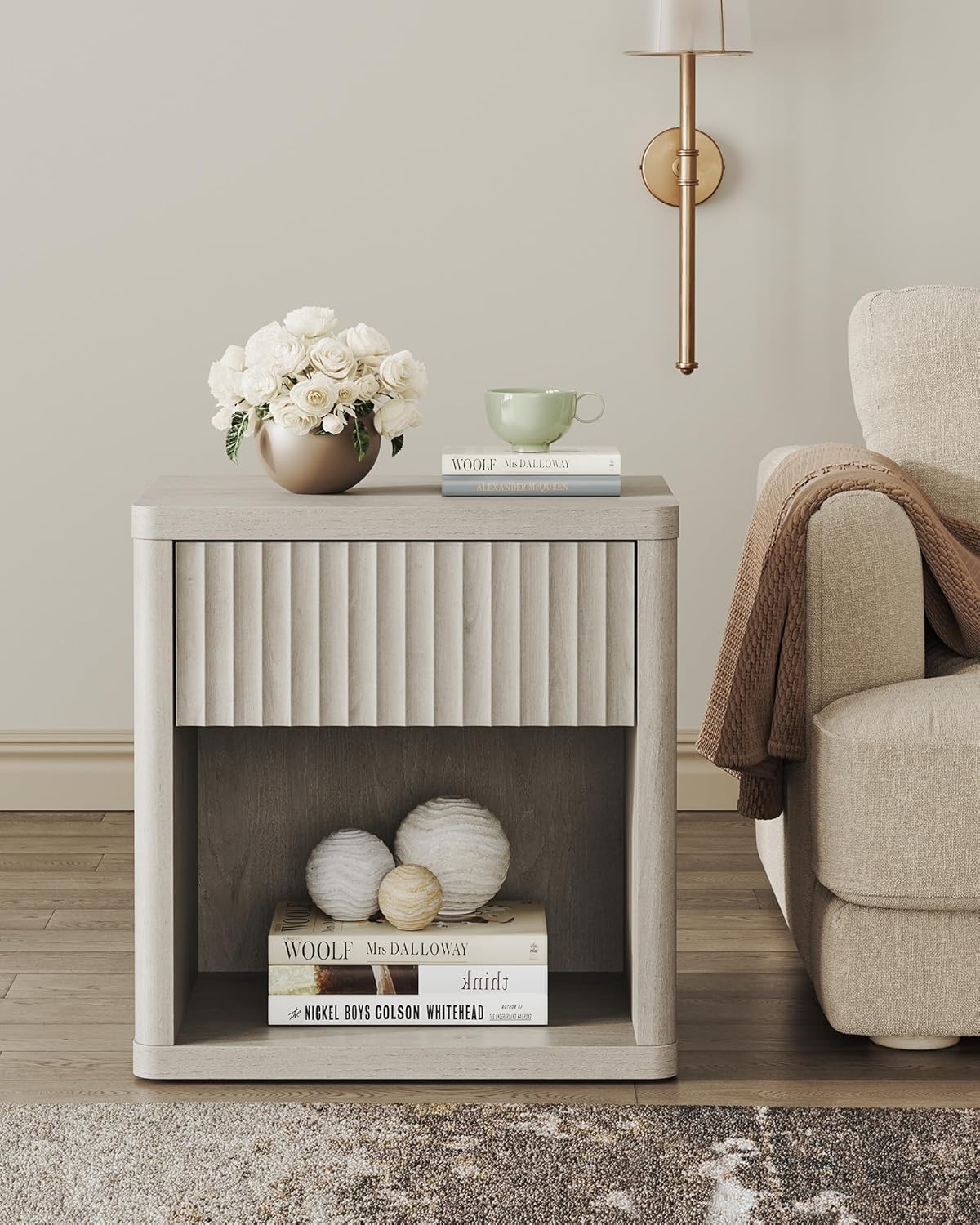 SICOTAS Night Stand Nightstand with Drawer Storage Fluted Bed Side Table End Table Large Modern Wide Bedside Stand Mid Century Night Stands for Bedroom Living Room Sofa Couch Home Office, White Alder