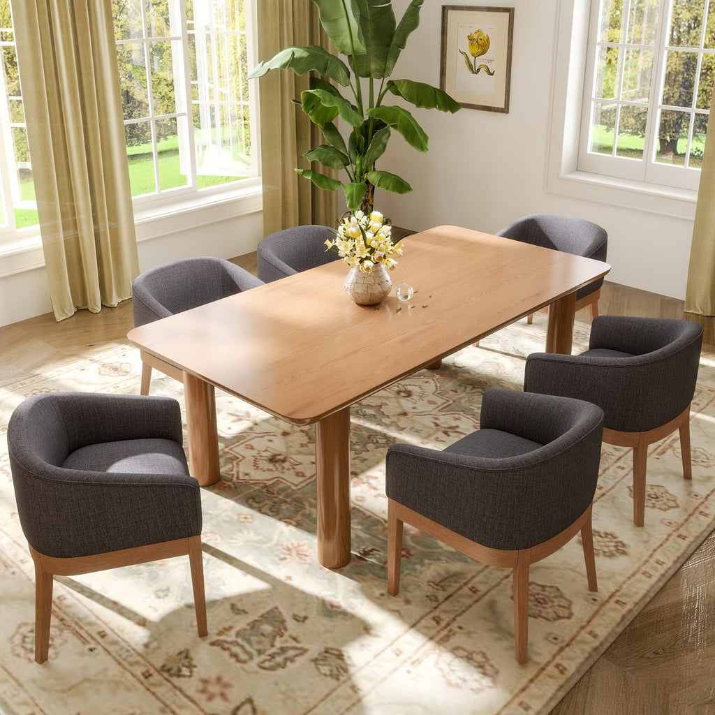 Beige Mid Century Modern Dining Chairs Set of 4, Farmhouse Linen Upholstered Accent Curved Backrest Kitchen Chairs Armchairs with Natural Wood Legs, Beige