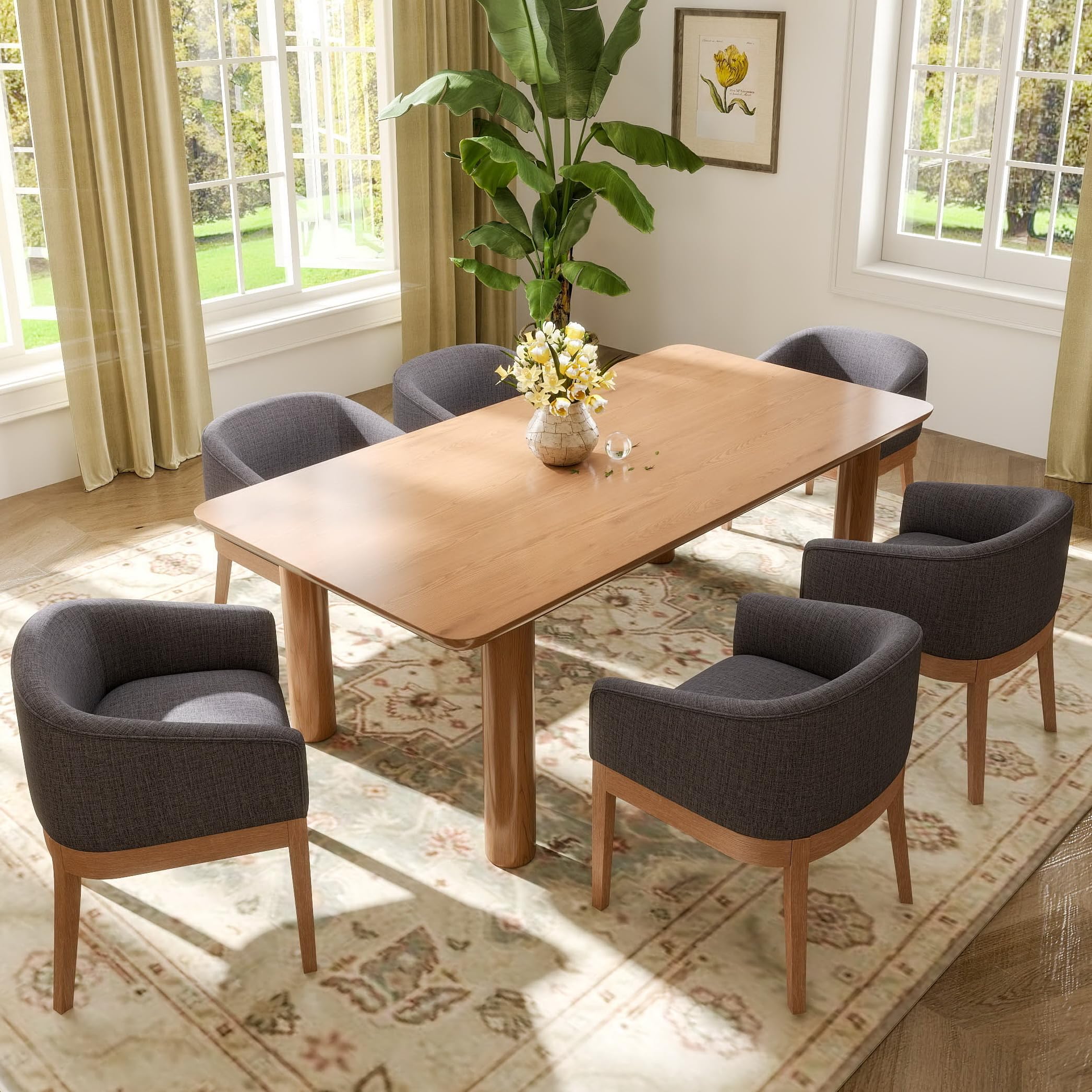 Beige Mid Century Modern Dining Chairs Set of 4, Farmhouse Linen Upholstered Accent Curved Backrest Kitchen Chairs Armchairs with Natural Wood Legs, Beige