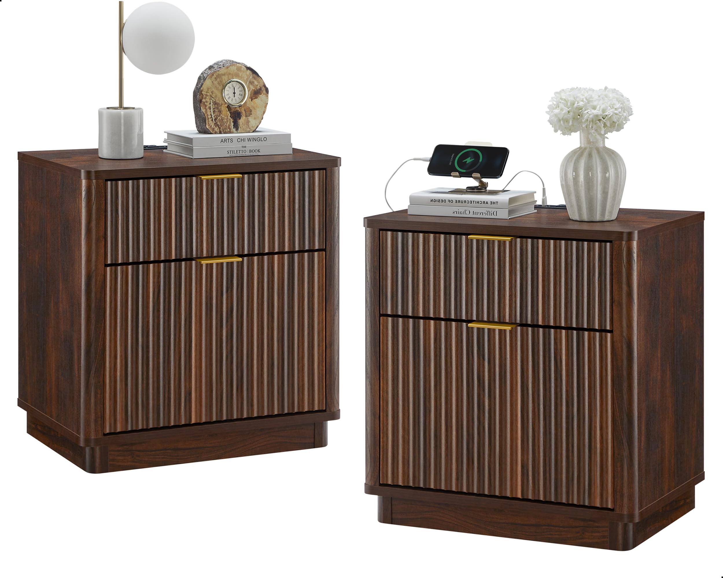 T4TREAM 23'' Fluted Nightstand with Charging Station, Large 2 Drawer Bedside Table, Modern End Table with Storage, Mid Century Night Stand for Bedroom, Living Room, Curved Profile, Natural Oak