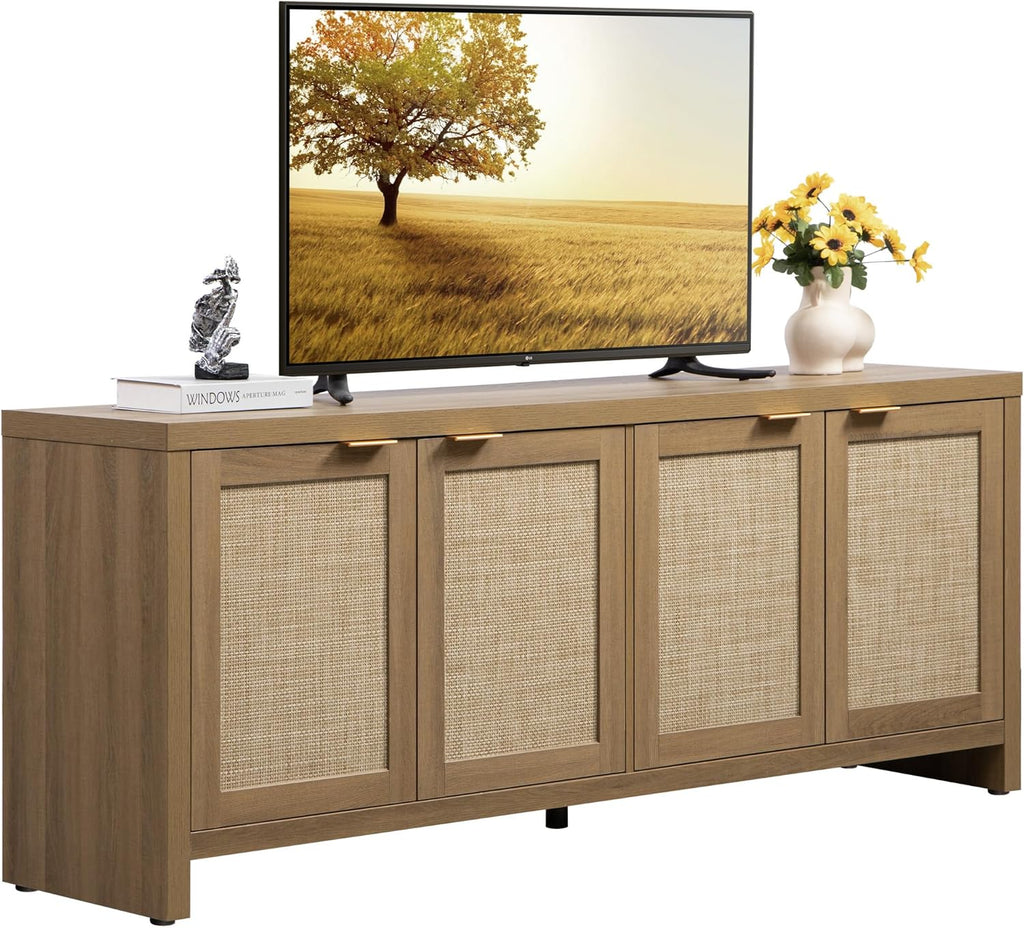 SICOTAS TV Stand for Living Room Rattan Entertainment Center for Bedroom with 4 Rattan Cabinets Farmhouse Television Stands with Storage Large Media Console Table for TVs up to 50 55 60 65 Inch