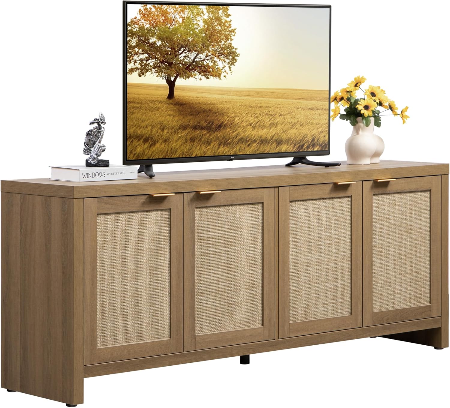 SICOTAS TV Stand for Living Room Rattan Entertainment Center for Bedroom with 4 Rattan Cabinets Farmhouse Television Stands with Storage Large Media Console Table for TVs up to 50 55 60 65 Inch