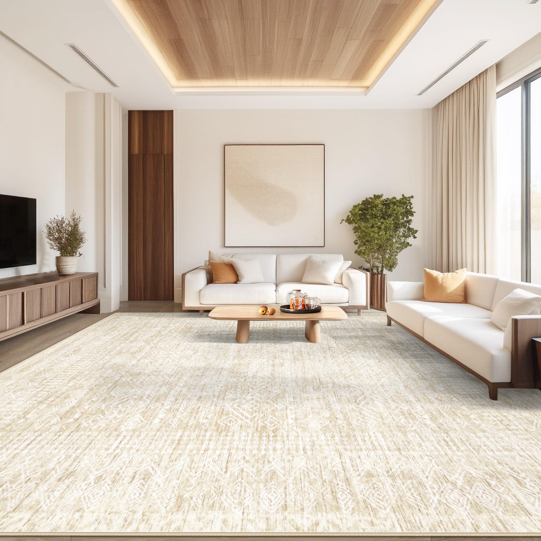 Living Room Rugs 8x10: Washable Moroccan Geometric Boho Rug Farmhouse Non Slip Stain Resistant Large Rug Low Pile Soft Carpet for Bedroom Dining Room Children Room (Beige,8'x10')