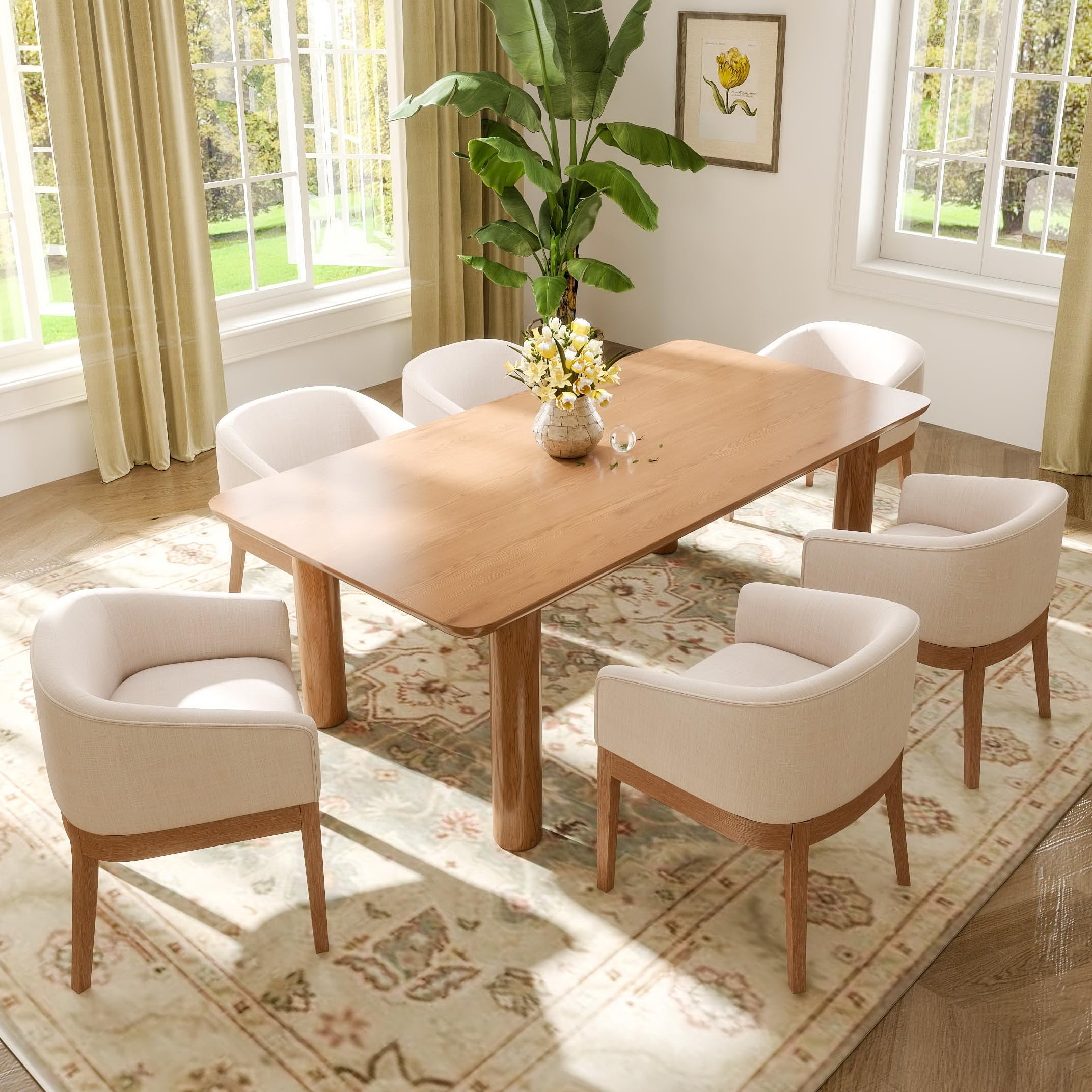 Beige Mid Century Modern Dining Chairs Set of 4, Farmhouse Linen Upholstered Accent Curved Backrest Kitchen Chairs Armchairs with Natural Wood Legs, Beige
