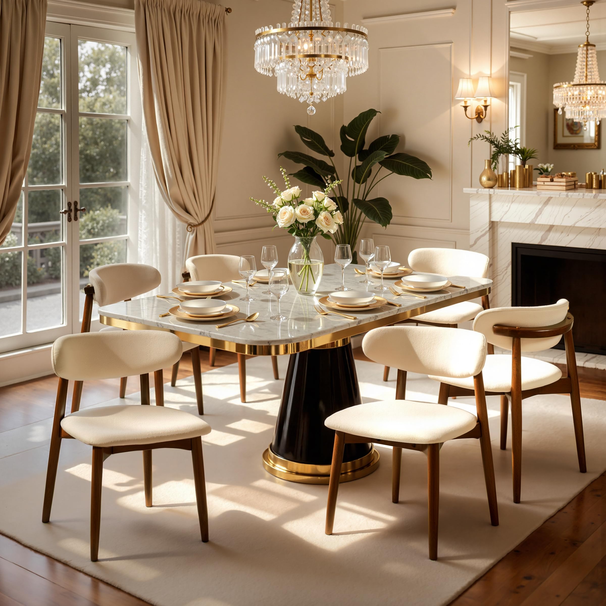 CHUN YI Dining Chairs Set of 4, Upholstered Wooden Dining Room Chairs, Mid Century Modern Fabric Kitchen Chair with Ergonomic Curved Backrest, Beige (Only Chairs)