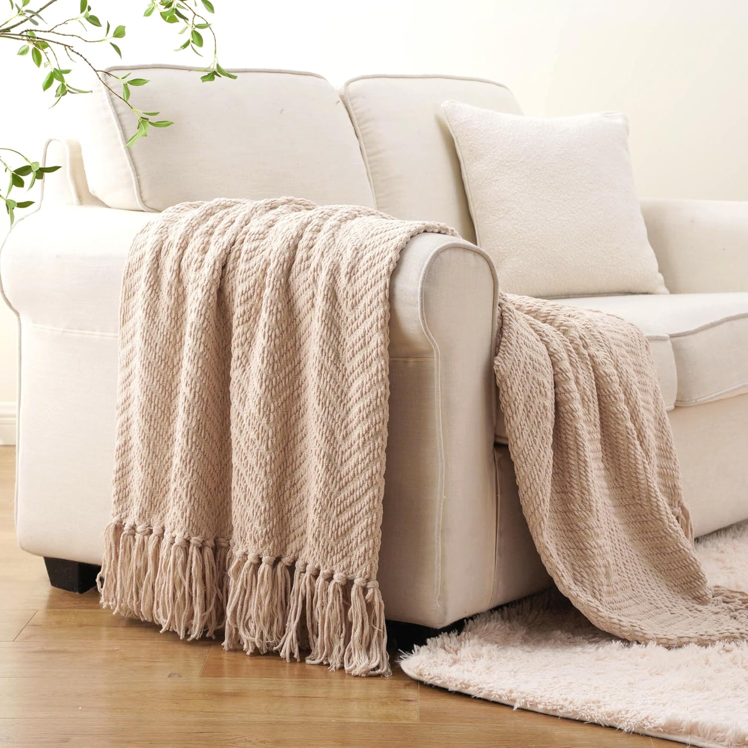 BATTILO HOME Beige Throw Blanket for Couch, Knitted Beige Throw for Bed, Neutral Throw Blankets Tan Throw Blanket for Room Decor Housewarming Gifts, 50" x 60"