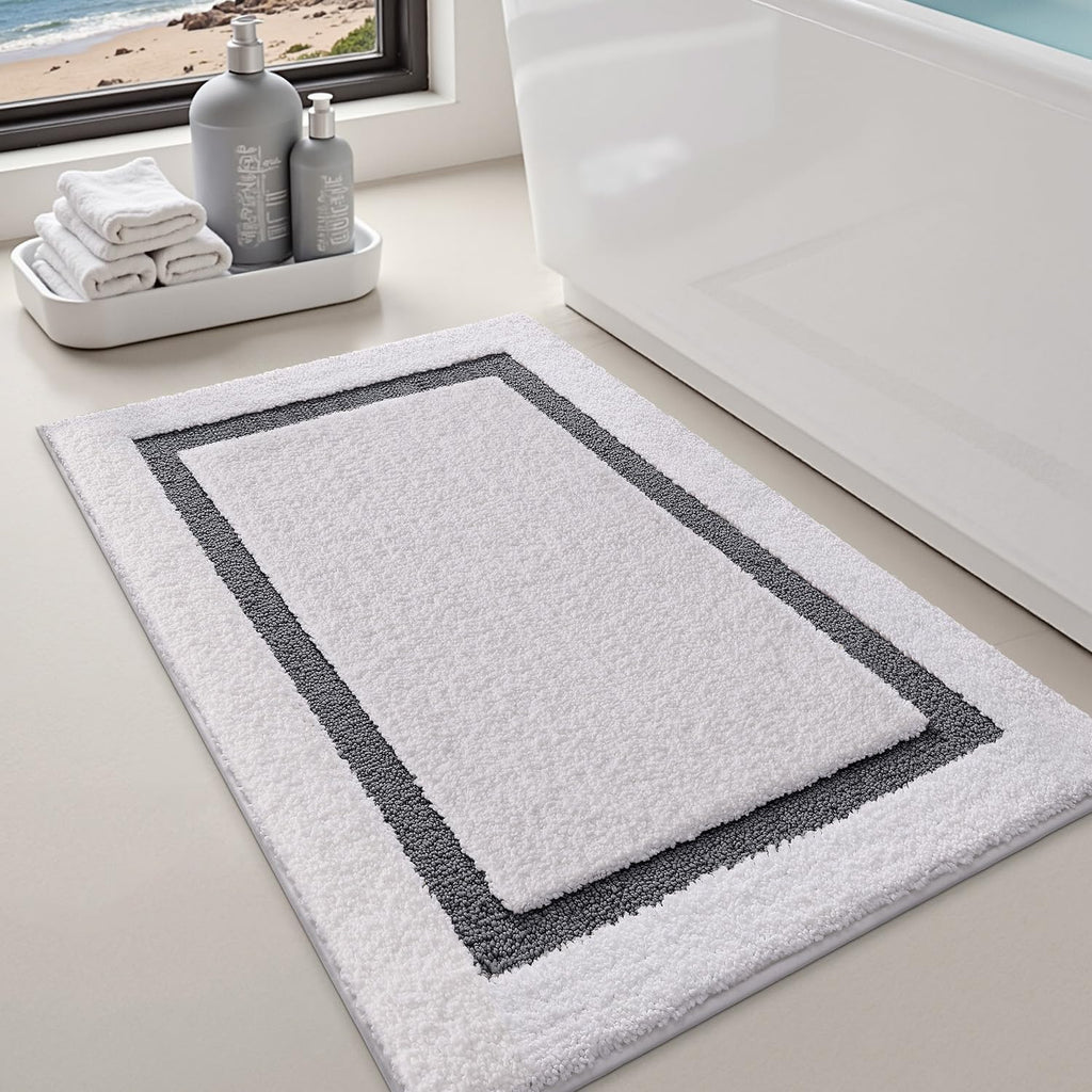 LUMI White Bath Mats for Bathroom, Non Slip Absorbent Soft Bath Rug, Fluffy Washable Classic Bathroom Rugs, Ideal for Floor, Shower Tub, Entryway, 24"x36", White and Beige