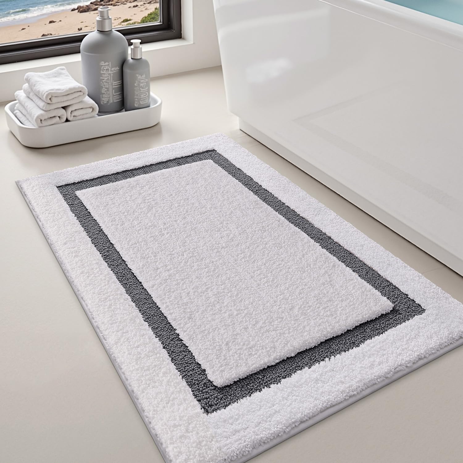 LUMI White Bath Mats for Bathroom, Non Slip Absorbent Soft Bath Rug, Fluffy Washable Classic Bathroom Rugs, Ideal for Floor, Shower Tub, Entryway, 24"x36", White and Beige