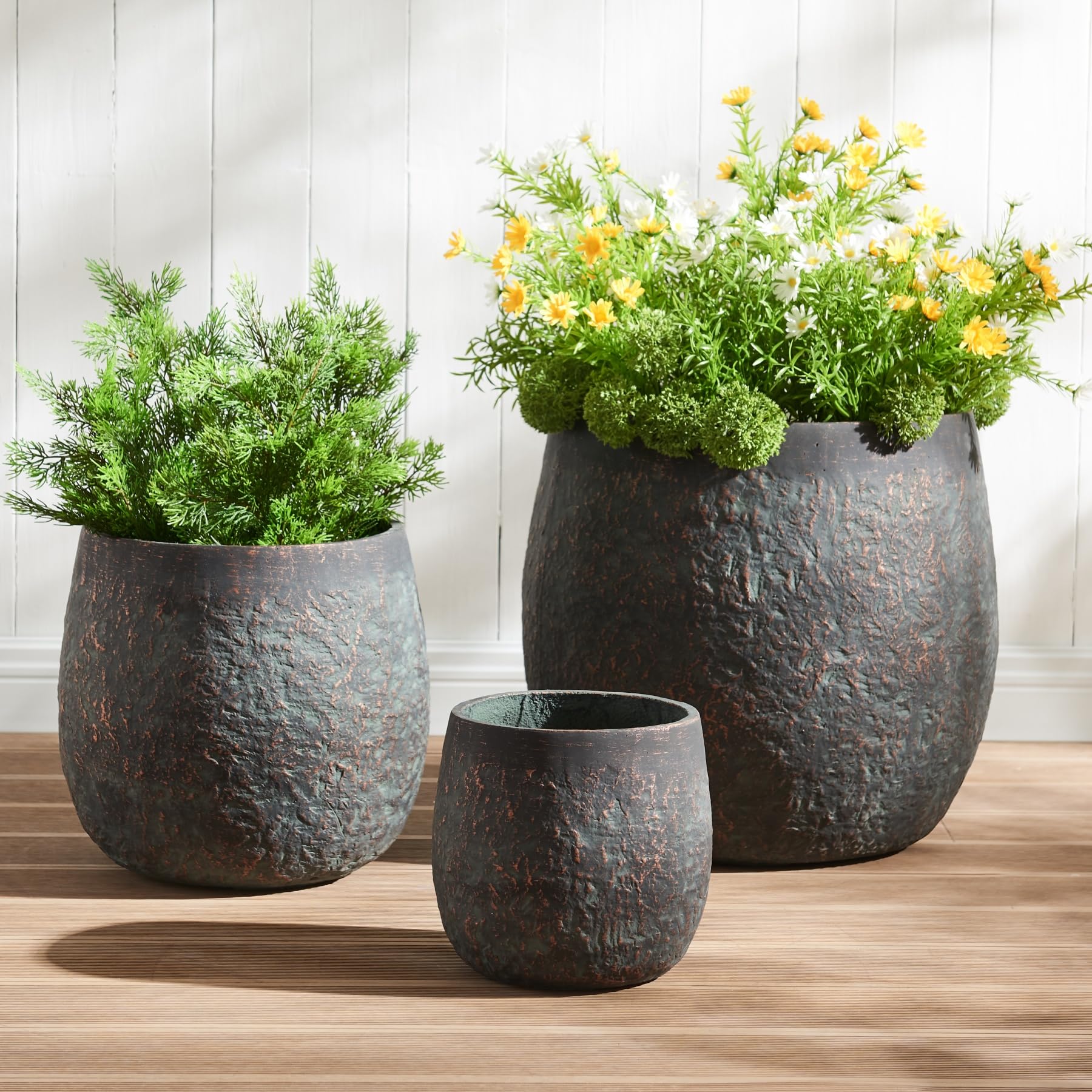 17.7"+13.8"+9.8" Dia Round Concrete Planter Set of 3, Large Indoor Outdoor Planter, Flower Pots with Drainage Holes and Sealing Plug for Garden, Patio, Home, Office Weathered Concrete Gray