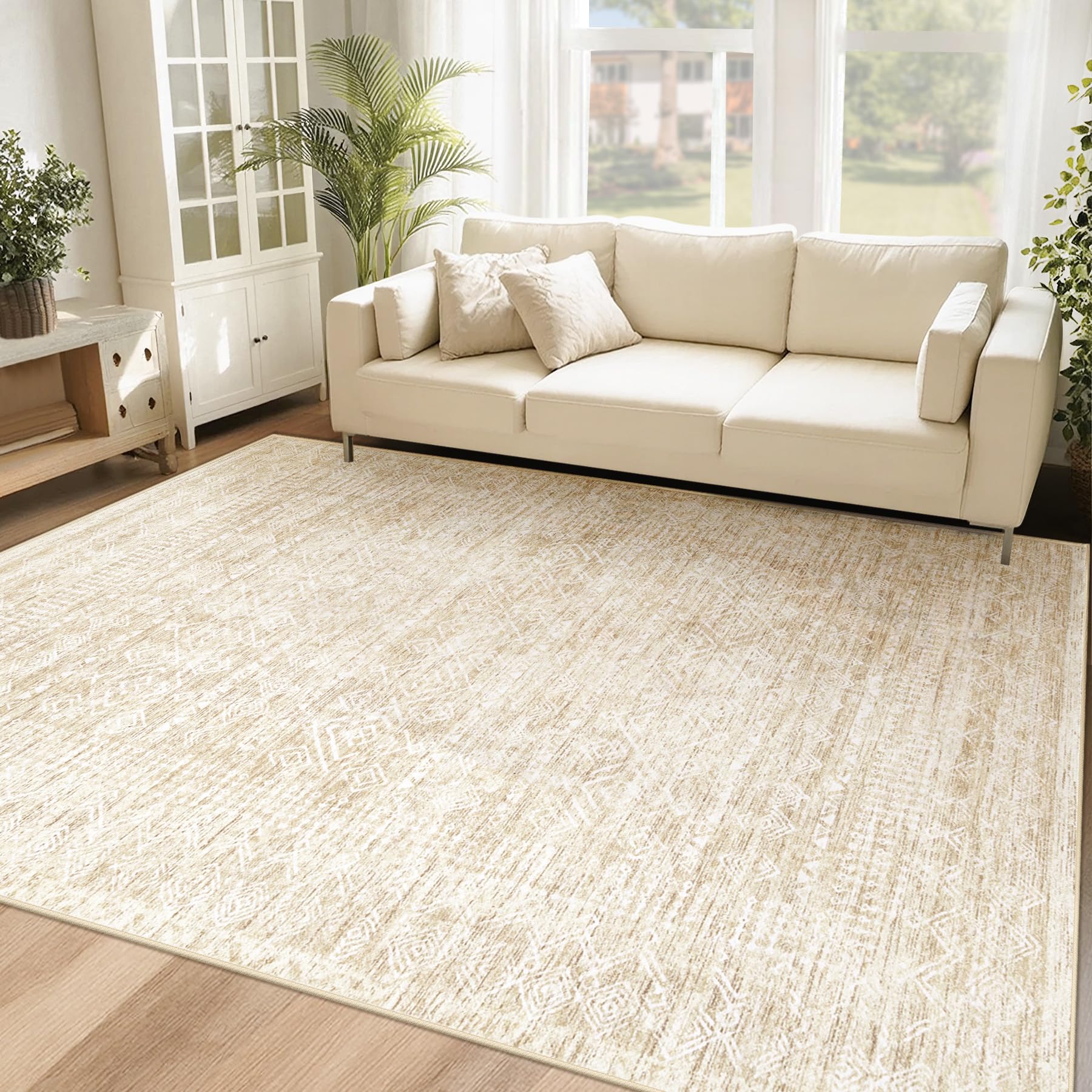 Living Room Rugs 8x10: Washable Moroccan Geometric Boho Rug Farmhouse Non Slip Stain Resistant Large Rug Low Pile Soft Carpet for Bedroom Dining Room Children Room (Beige,8'x10')