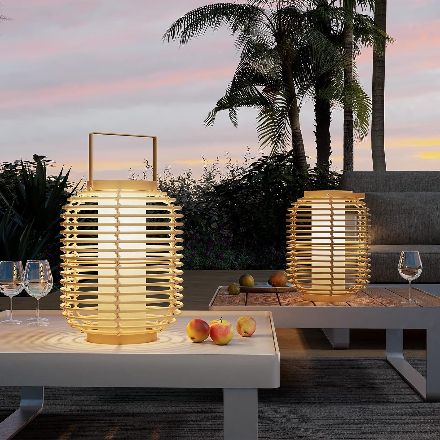 Solar Yard Outdoor Austin Solar Powered Floor Lamp Set of 2, 14-inch Wicker Woven LED Lamp, Water-Resistant Garden Light, Boho Style, Decor for Balcony, Porch, Yard, Pathway, Natural Color