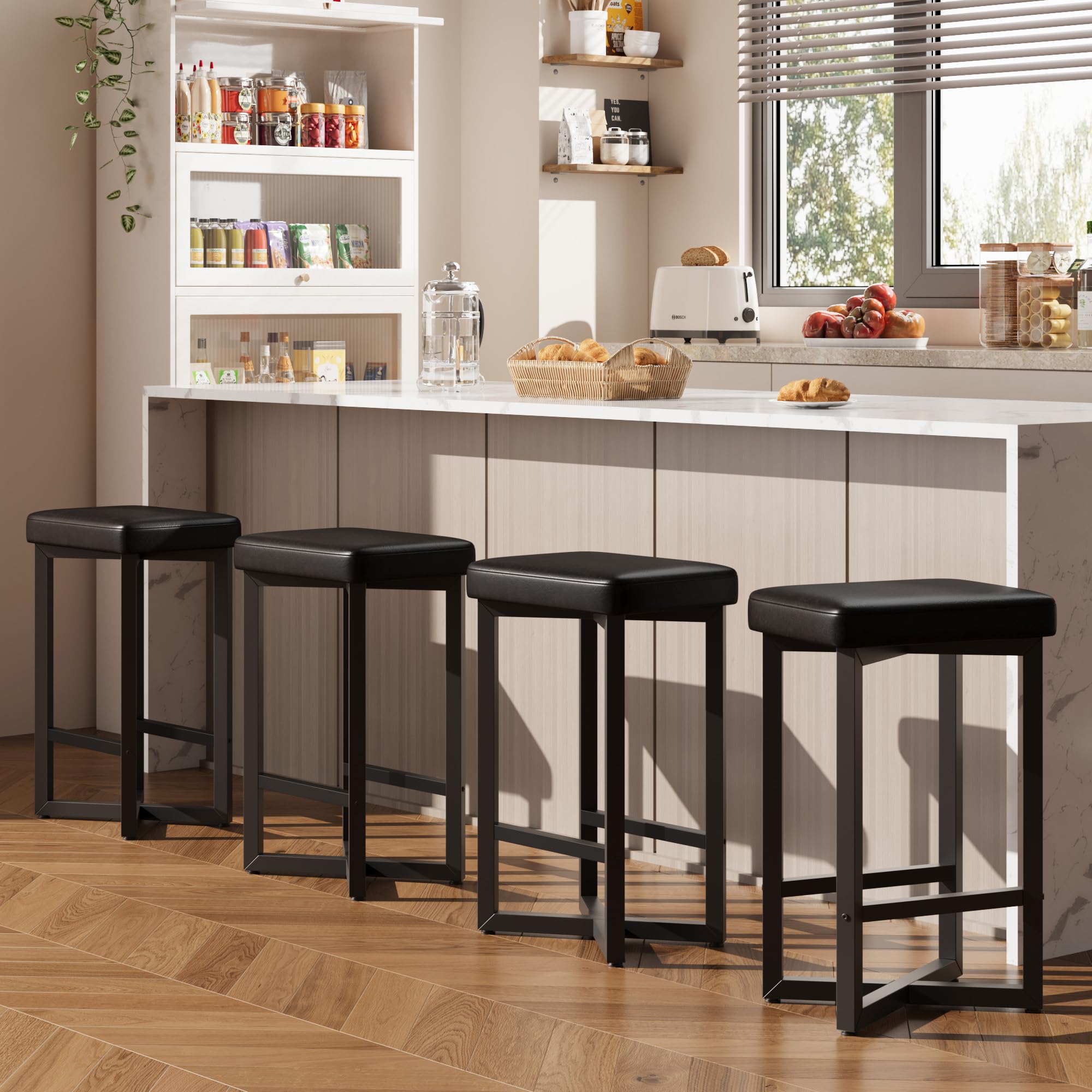 IDEALHOUSE Bar Stools Set of 4, 24.6" Counter Height Backless Barstools, Upholstered PU Leather Seats with Metal X-Frame & Footrest, Modern Kitchen Stools for Home Bar, Dining Room, Brown